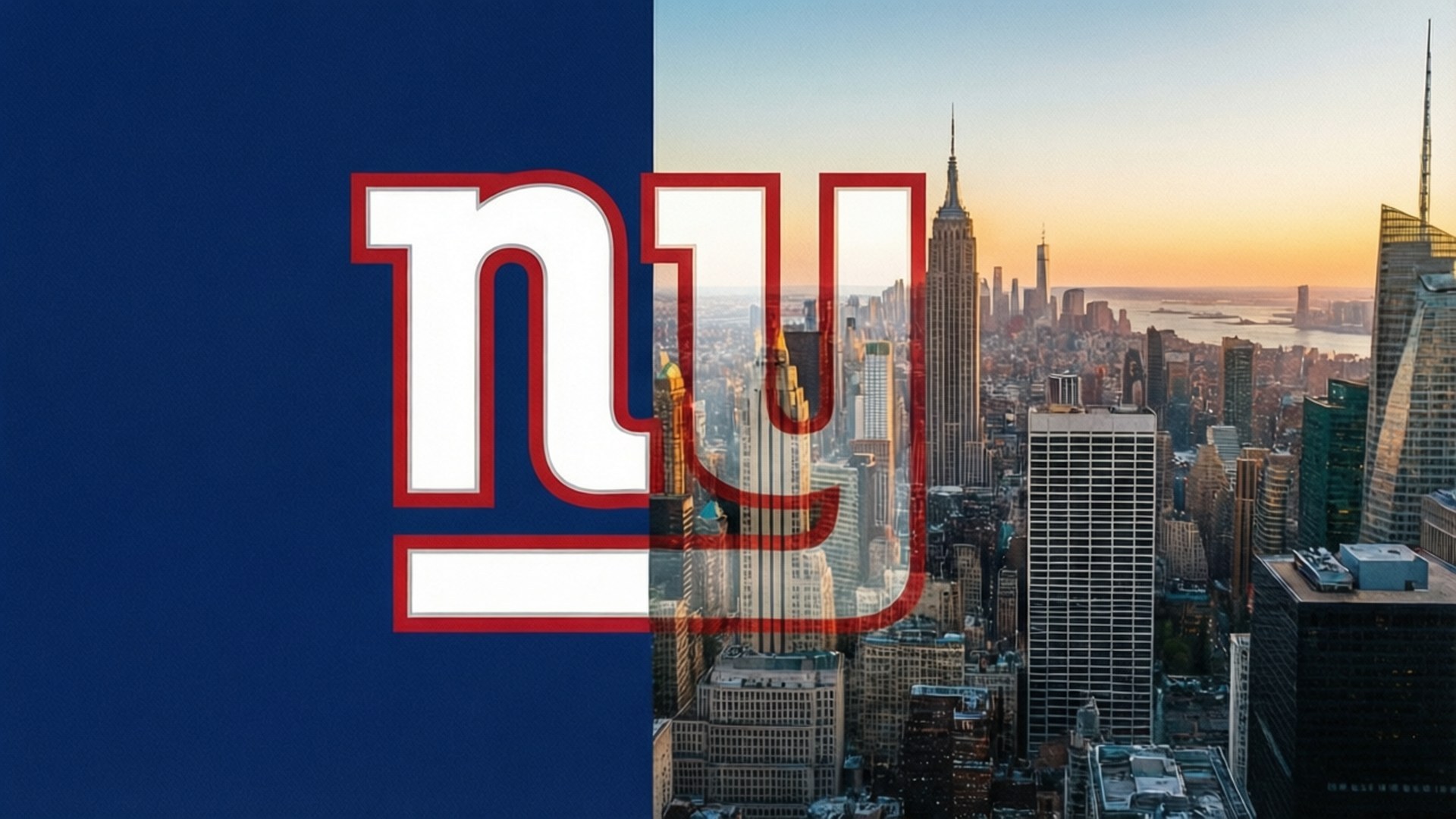 Giants and NYC Skyline 壁紙 — 紐約巨人隊標誌疊加在曼哈頓摩天大樓的日落城市景觀上，帶有黃金時段的光芒。
