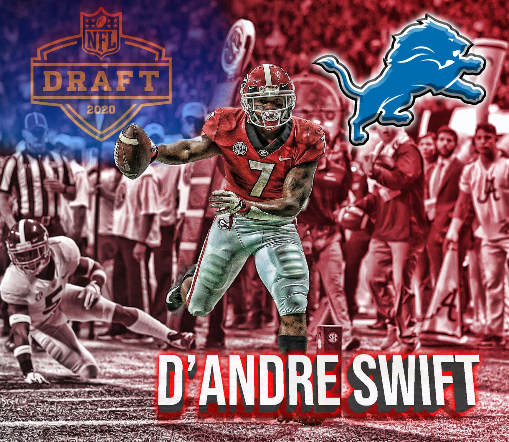  壁紙 — 一張動態的NFL選秀宣傳圖片，展示D'Andre Swift穿著紅色球衣帶著足球奔跑，附有底特律雄獅標誌和2020年選秀徽章。