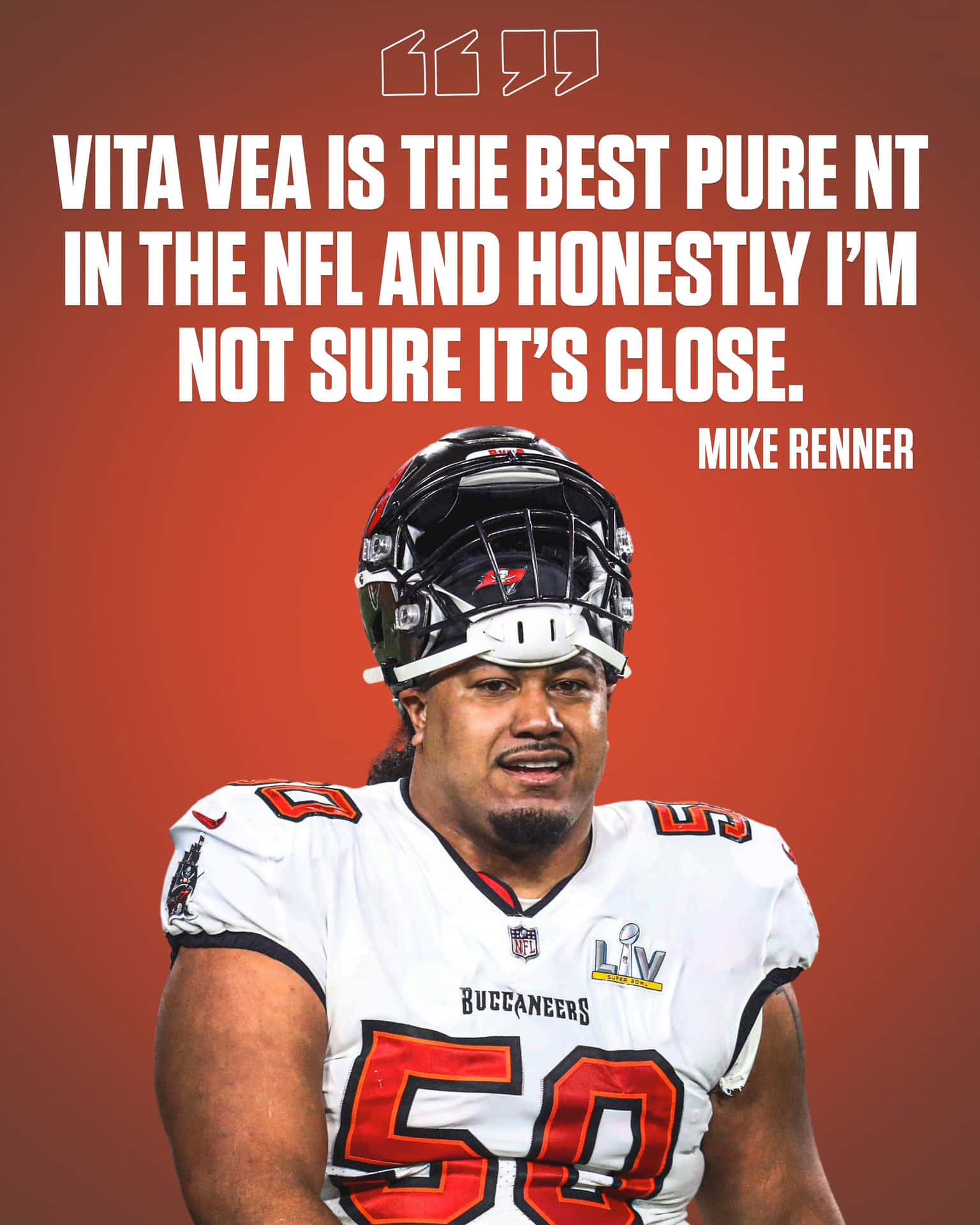  壁紙 — NFL 球員 Vita Vea 身穿坦帕灣海盜隊裝備，在純紅色背景前自信擺姿勢，並帶有引言覆蓋層。