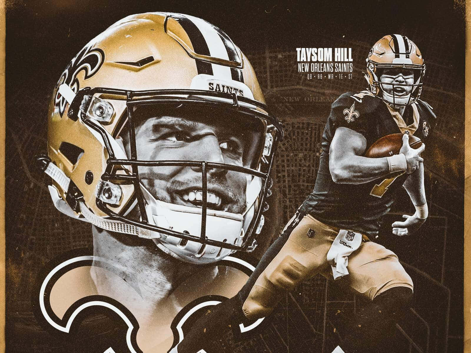  壁紙 — 一位充滿活力的NFL球員身穿紐奧良聖徒隊裝備，帶著橄欖球奔跑，頭盔下的臉部特寫展現出強烈的決心。