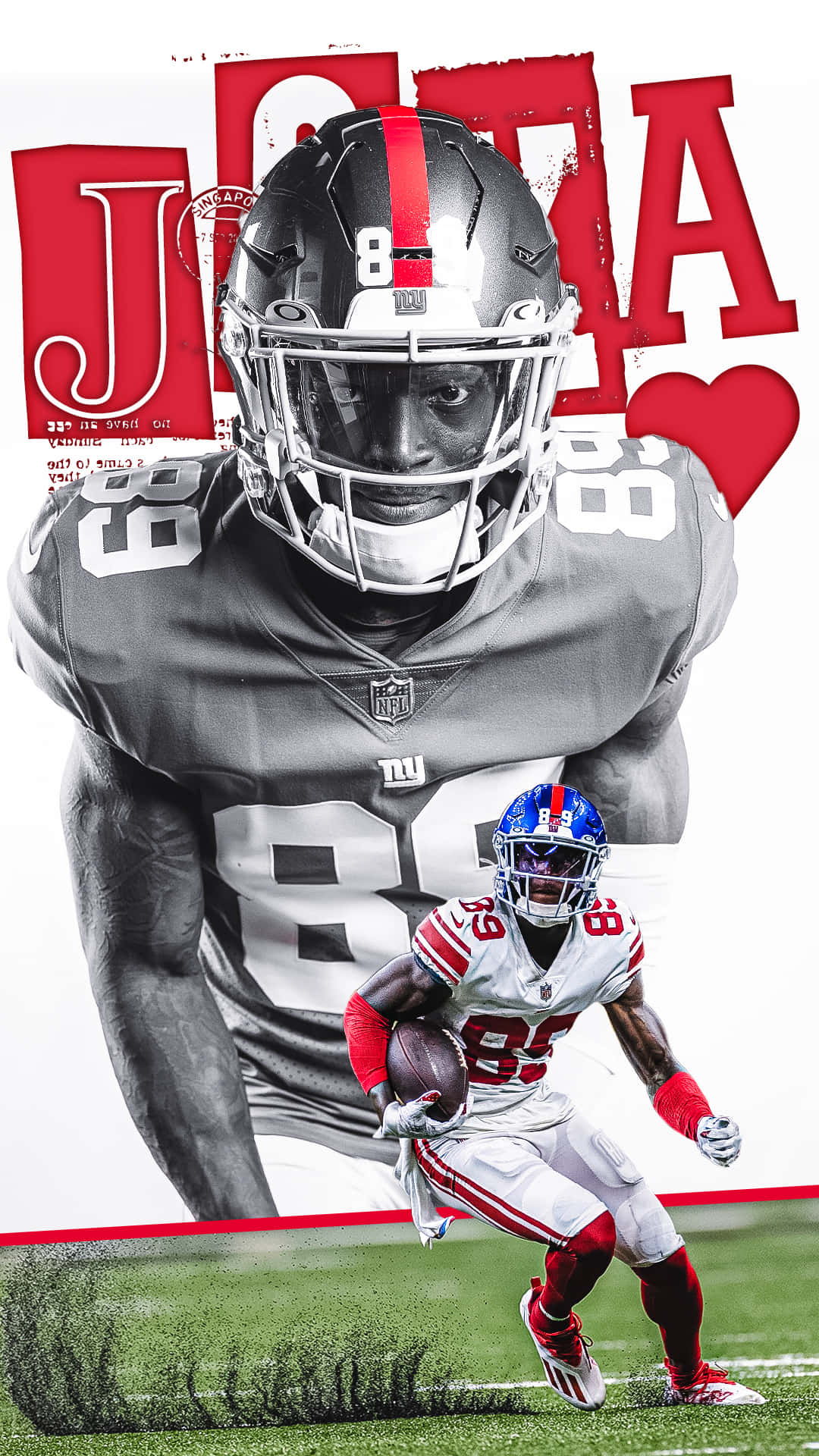  壁紙 — 一名充滿活力的NFL球員身穿巨人隊球衣帶球奔跑，背後是他更大的風格化肖像，配以粗體紅色字體。
