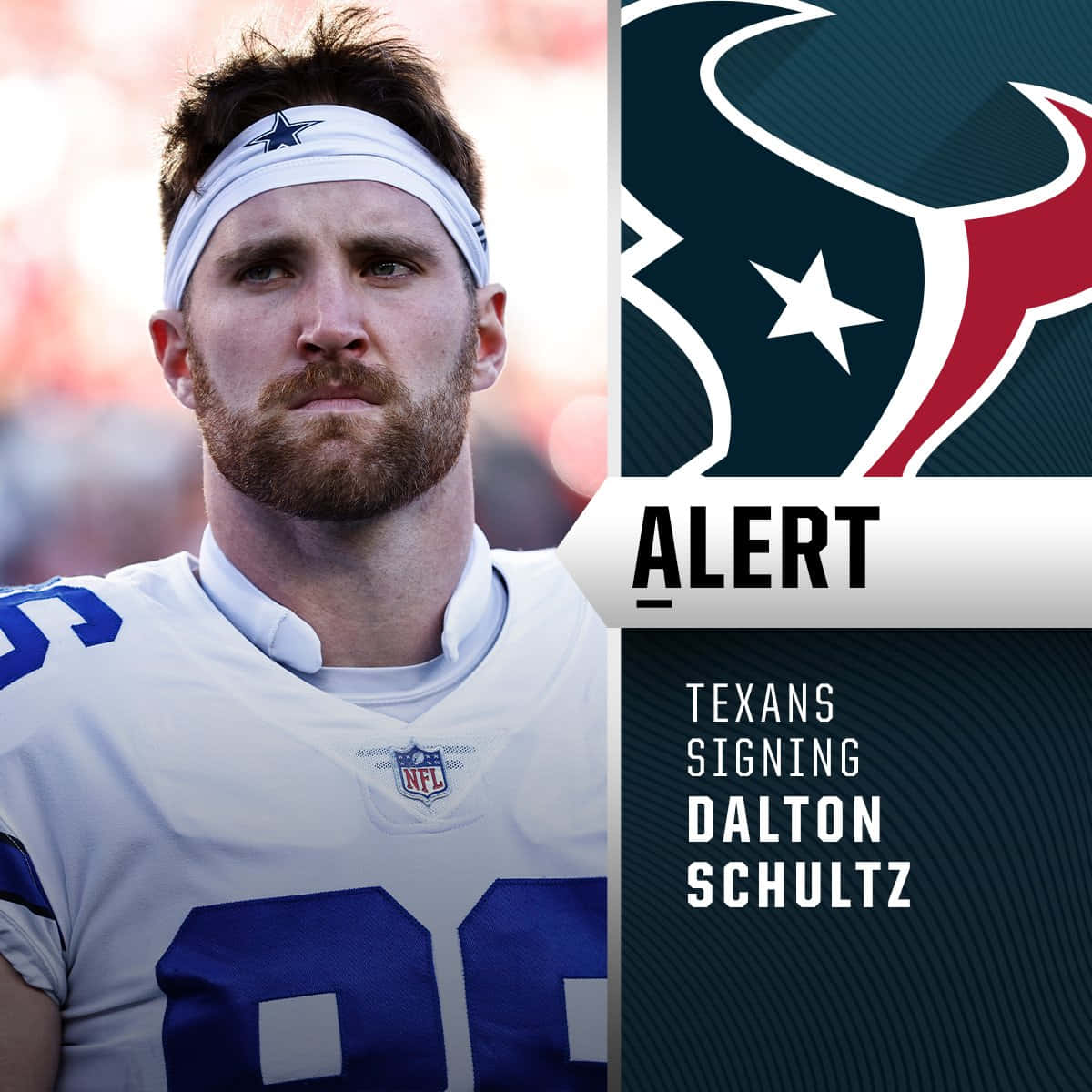  壁紙 — NFL 球員 Dalton Schultz 身穿牛仔隊球衣，帶有德州人隊標誌和警報文字疊加。
