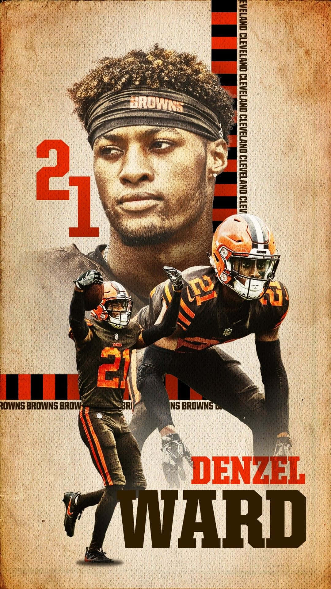  壁紙 — NFL 球員 Denzel Ward 身穿克里夫蘭布朗隊裝備，帶有粗體紅色 21 號碼和球隊品牌，印在質感復古壁紙上的粗獷肖像。