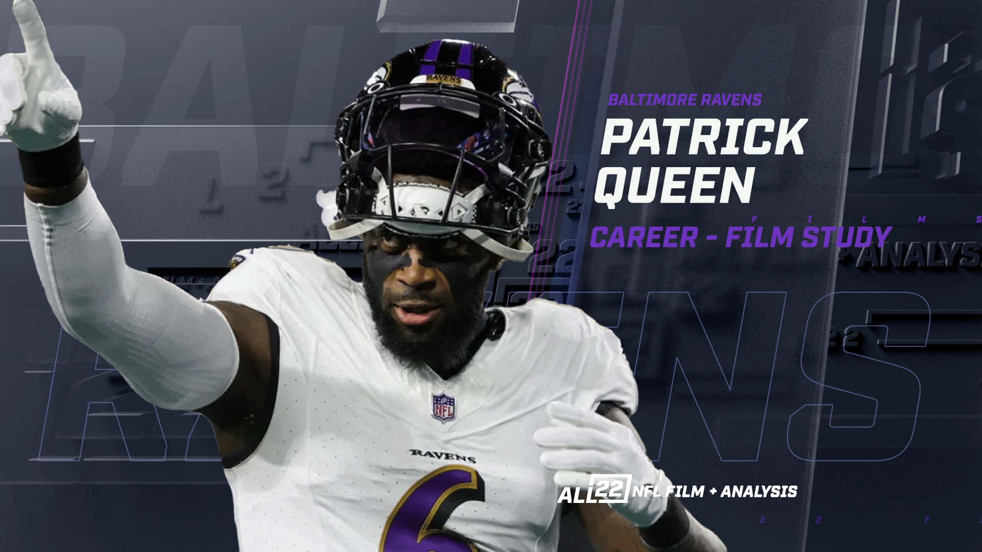  壁紙 — NFL 球員派翠克·奎因身穿巴爾的摩烏鴉隊裝備，在深色圖形背景前以動態運動動作姿勢舉起拳頭。