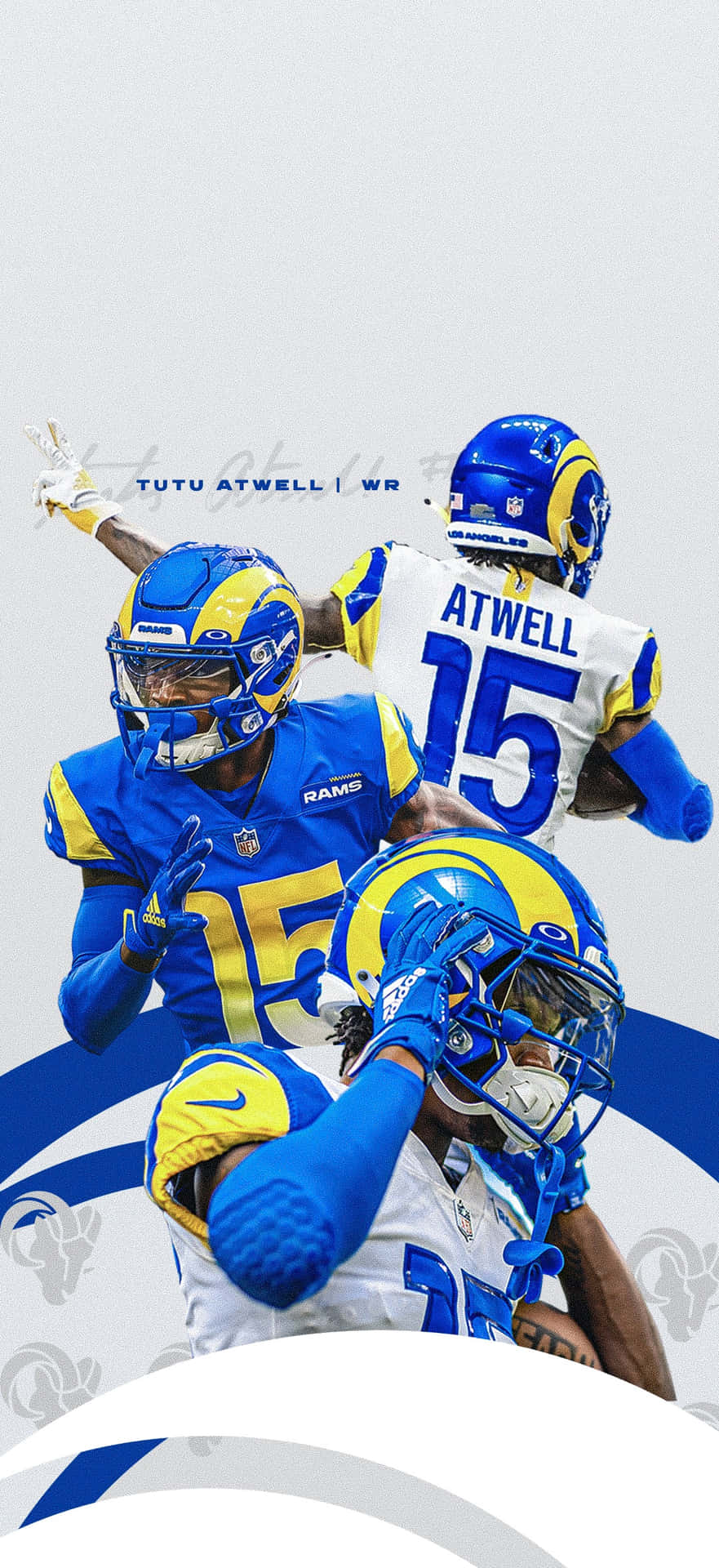  壁紙 — NFL 球員 Tutu Atwell 身穿藍金色公羊隊裝備，以多種姿勢慶祝的動態桌布。