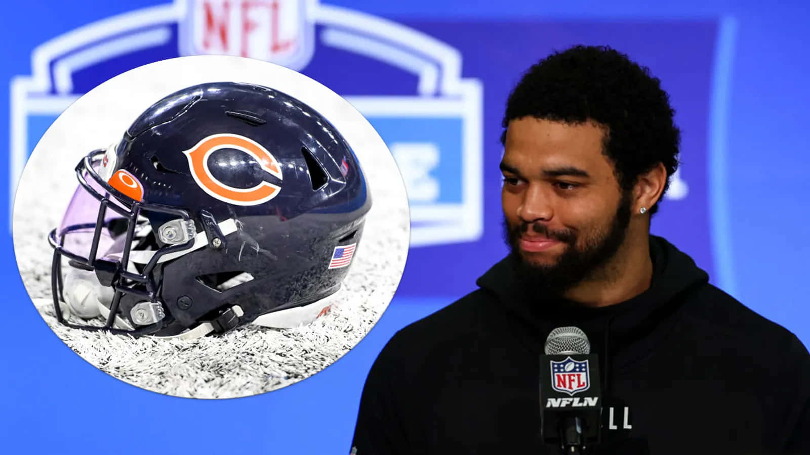  壁紙 — NFL 球員在雪地球場上，芝加哥熊隊頭盔旁的新聞發布會上發言。