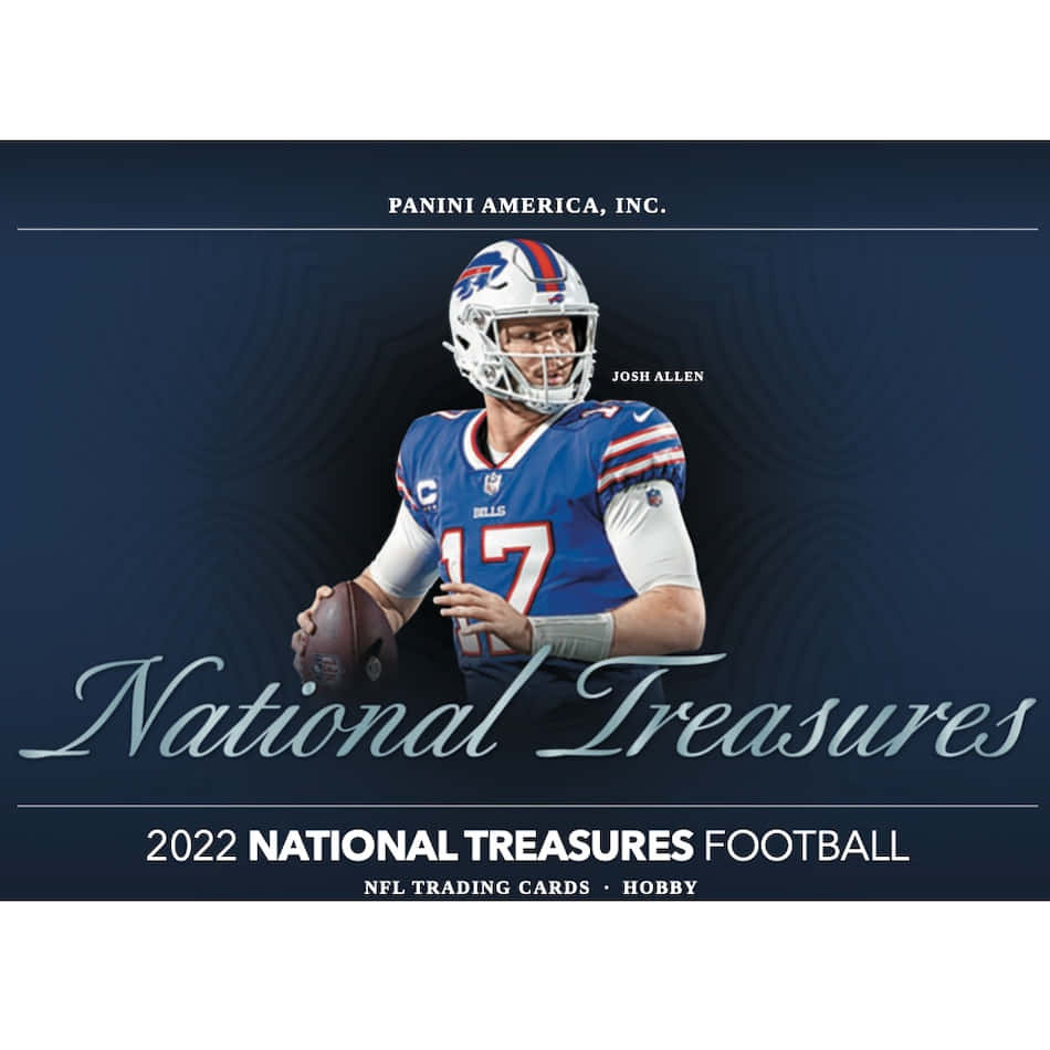 Football Cards 桌布 壁紙 — NFL四分衛Josh Allen身穿藍色比爾隊球衣，在深藍色紋理背景上手持橄欖球，並帶有'National Treasures'字樣。