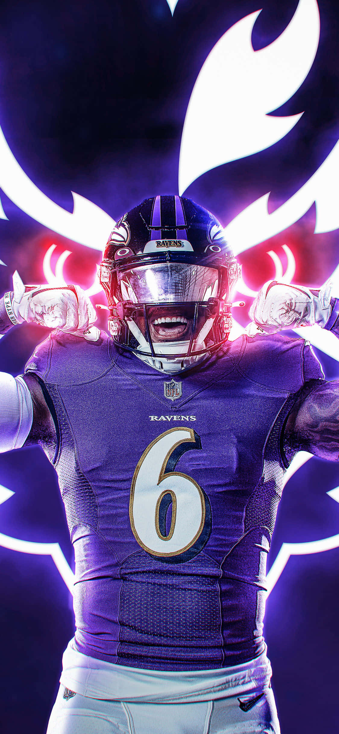 國家美式足球聯盟（NFL）在球場上 壁紙 — 一名巴爾的摩烏鴉隊美式足球員身穿紫色6號球衣，在黑暗背景前勝利地站立，身後有發光的翅膀。