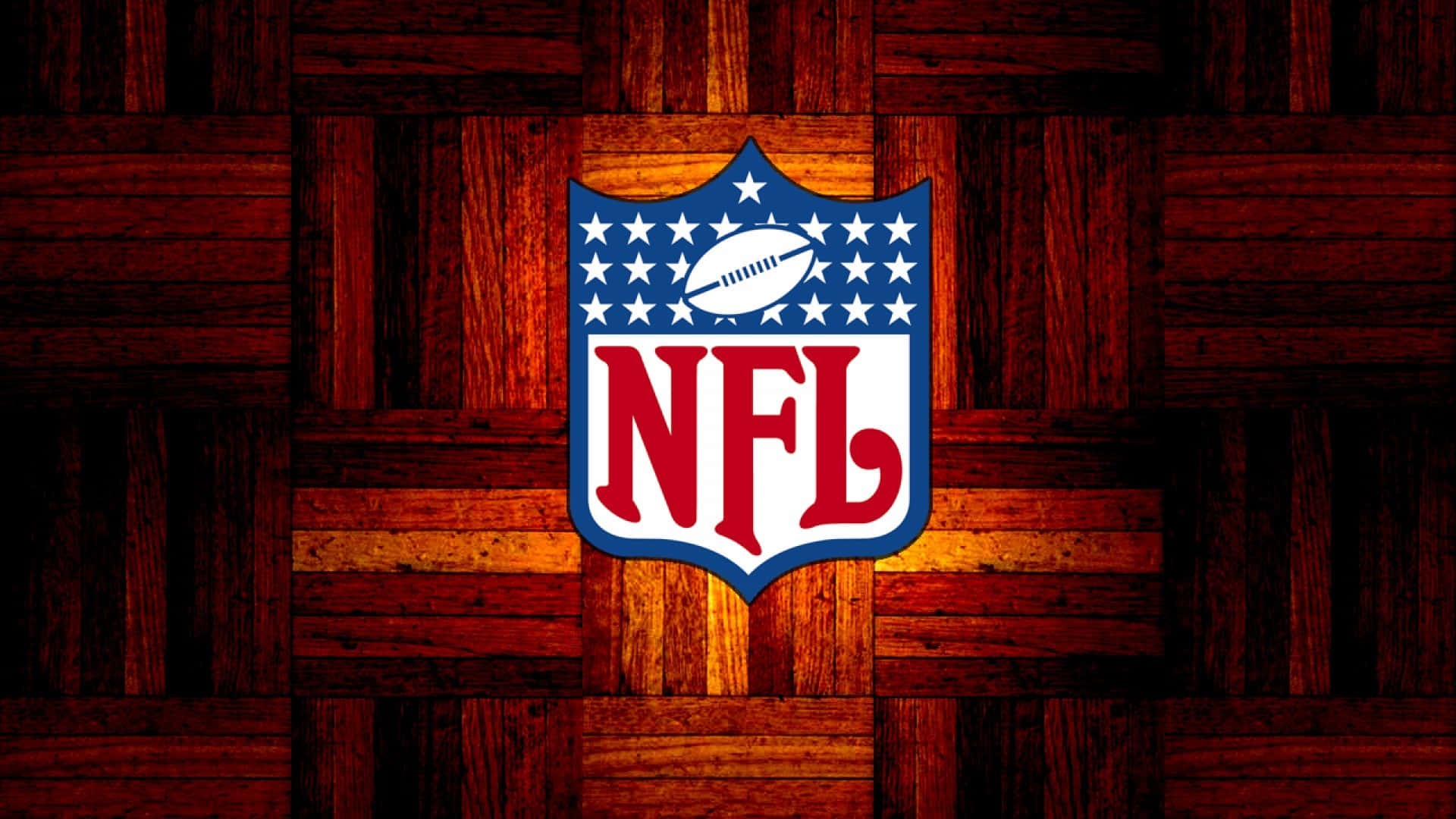 NFL 桌布 壁紙 — NFL 標誌居中於暖色調木質拼花背景上，帶有發光高光。