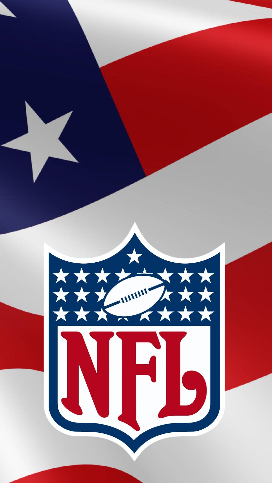 NFL 桌布 壁紙 — NFL 標誌居中於飄揚的美國國旗背景上，帶有紅、白、藍條紋和星星。