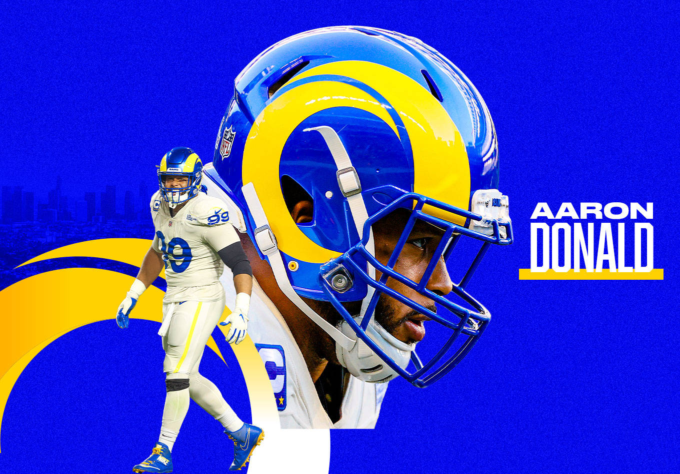 足球 桌布 壁紙 — NFL 球員 Aaron Donald 身穿公羊隊裝備，在鮮明的藍黃色背景上的動態圖形。