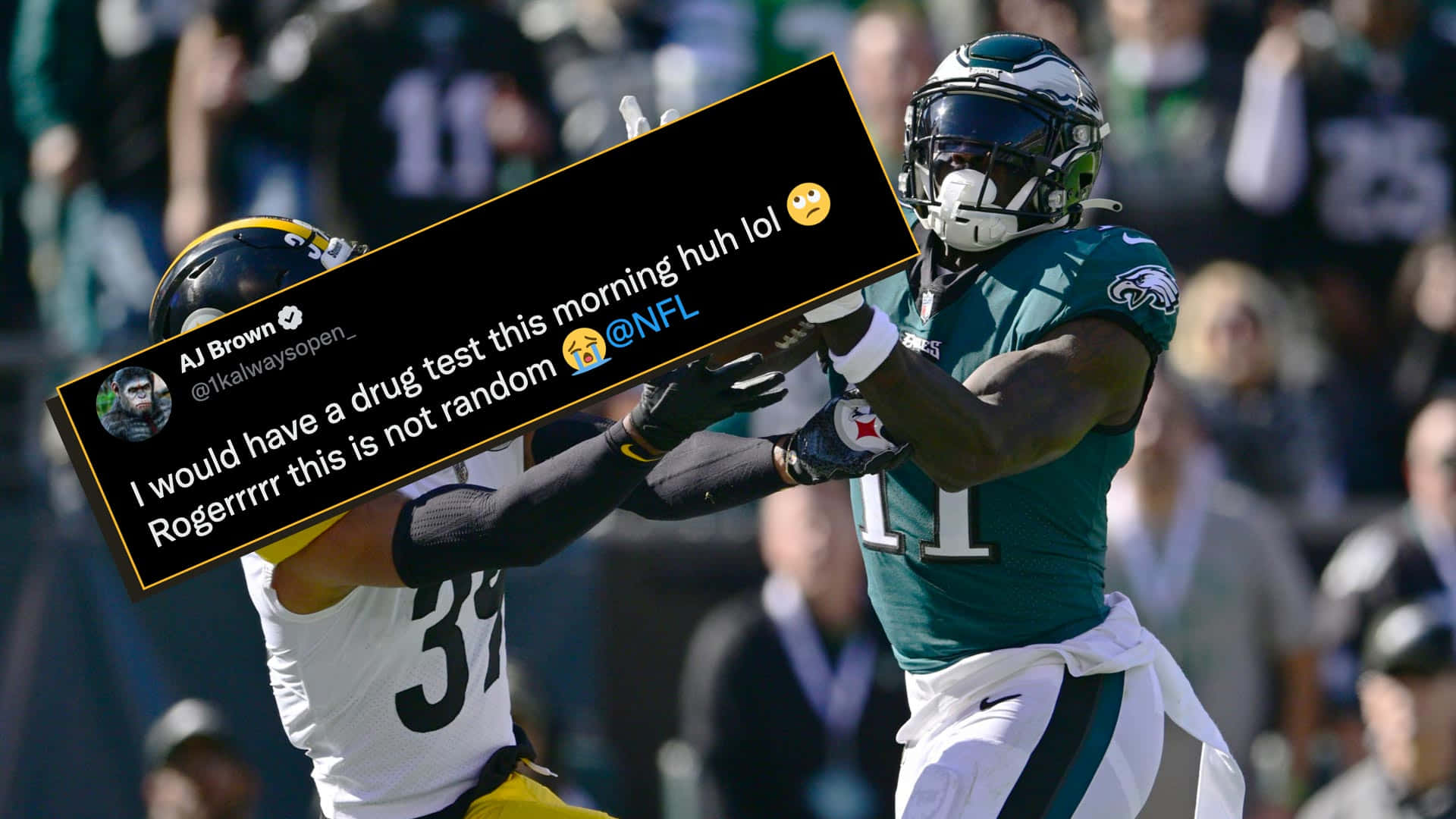 Twitter 桌布 壁紙 — NFL 球員 AJ Brown 身穿 Eagles 裝備慶祝接球，同時一個推文疊加幽默地抱怨藥物測試。