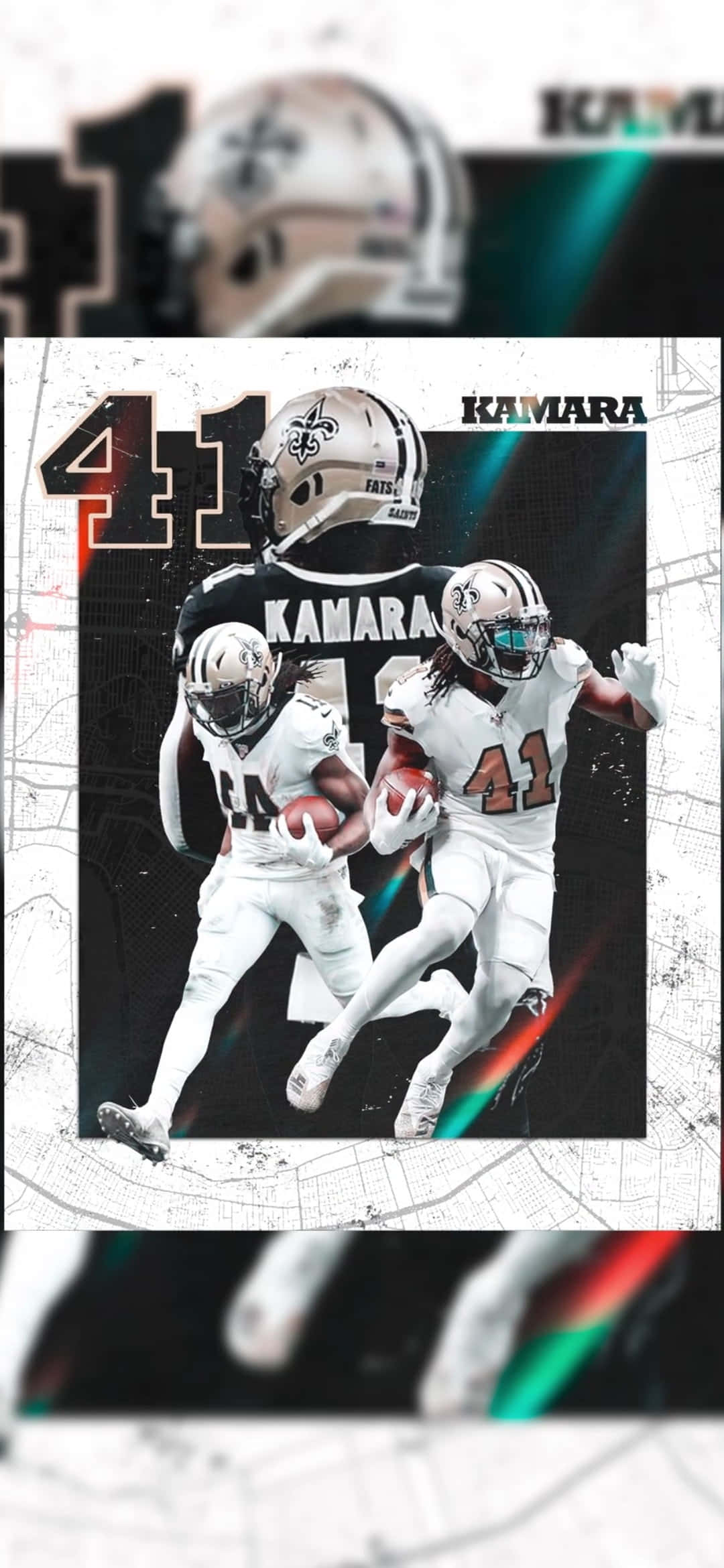Alvin Kamara 桌布 壁紙 — NFL 球員 Alvin Kamara 身穿白色聖徒隊球衣，在風格化地圖背景前持球奔跑的動態圖像。