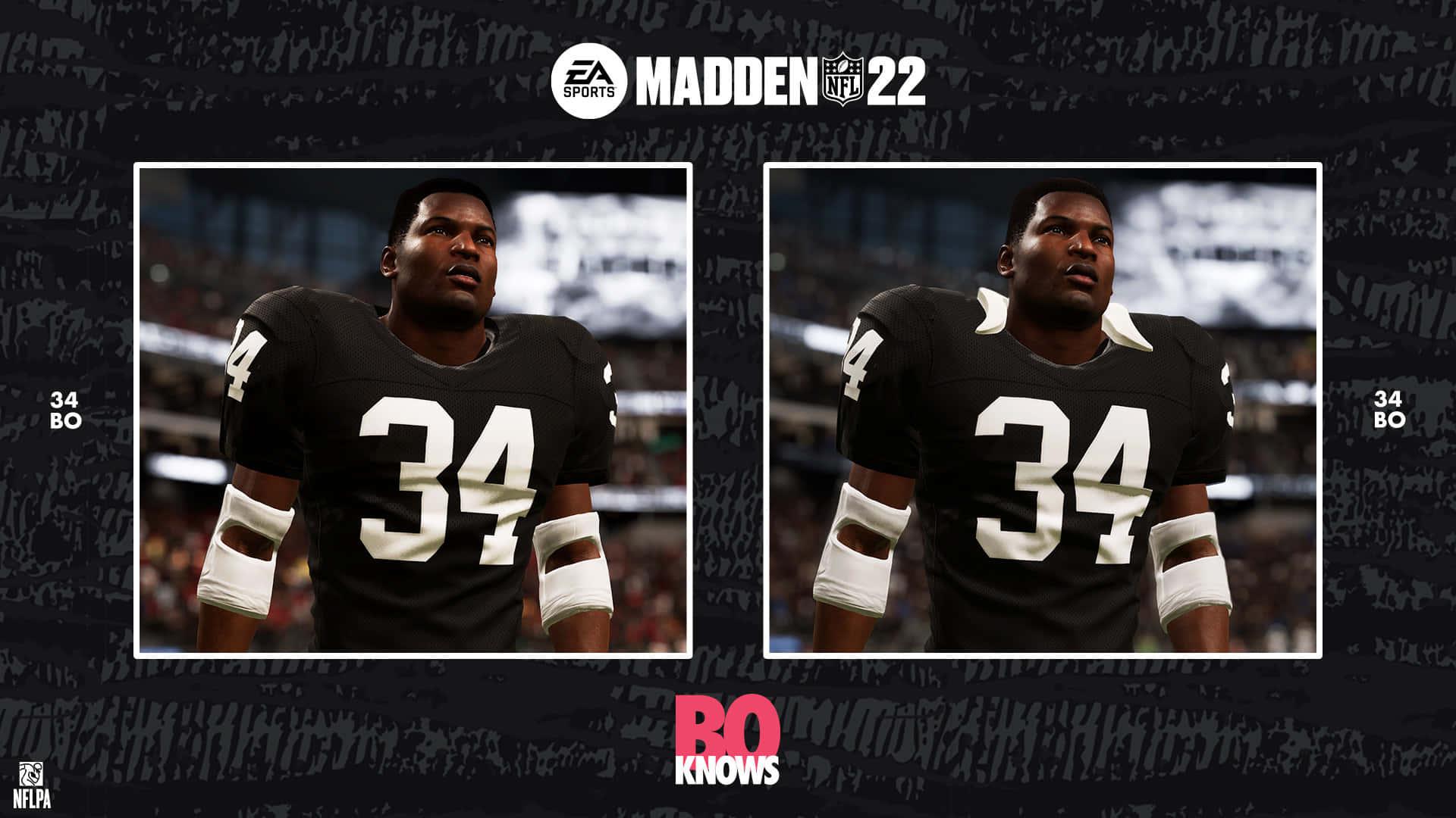 足球 桌布 壁紙 — NFL 球員 Bo Jackson 身穿黑色 34 號球衣的兩個相同數位渲染，並排放在體育場環境中。