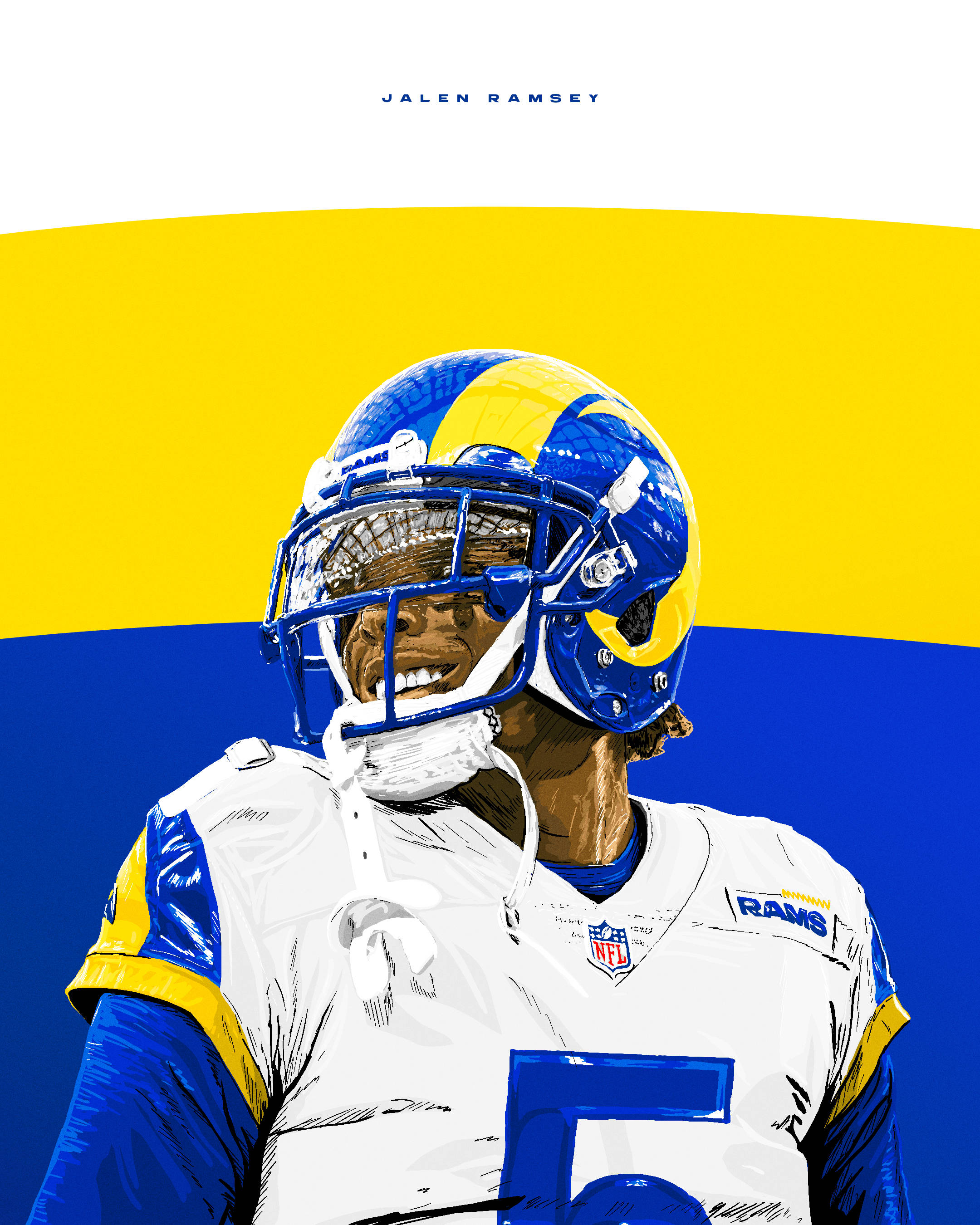 Ramsey 桌布 壁紙 — NFL 球員 Jalen Ramsey 身穿洛杉磯公羊隊球衣的風格化肖像，背景為大膽的黃色和藍色。