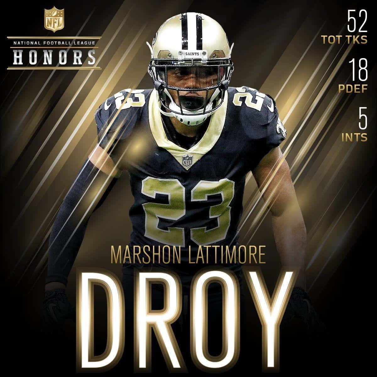 poster 桌布 壁紙 — NFL 球員 MarShon Lattimore 身穿聖徒隊裝備，自信地站在金色條紋背景前，展示他的榮譽統計數據。