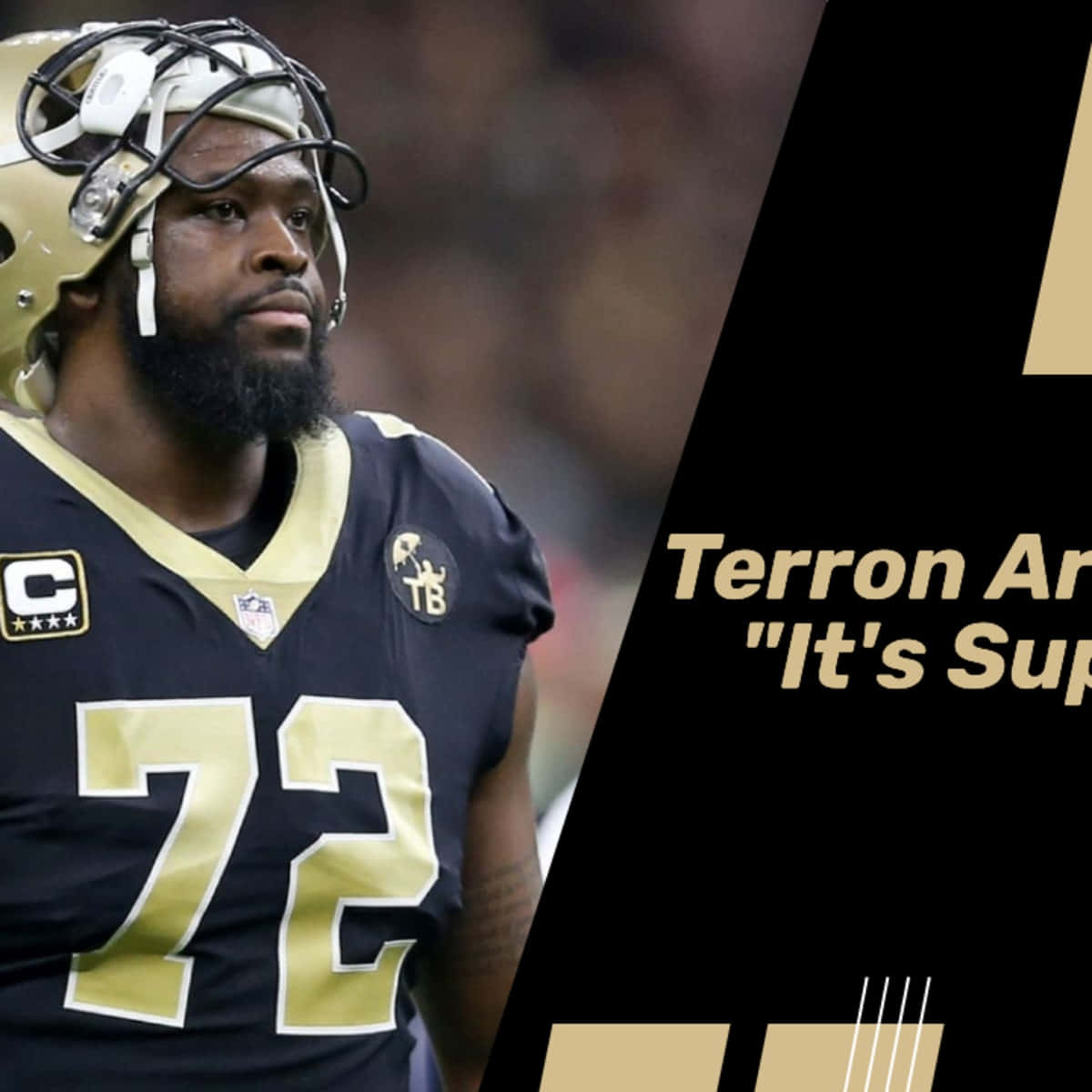 運動 桌布 壁紙 — NFL 球員 Terron Armstead 的近照，身穿黑色和金色的 Saints 球衣，號碼 72 和隊長臂章。
