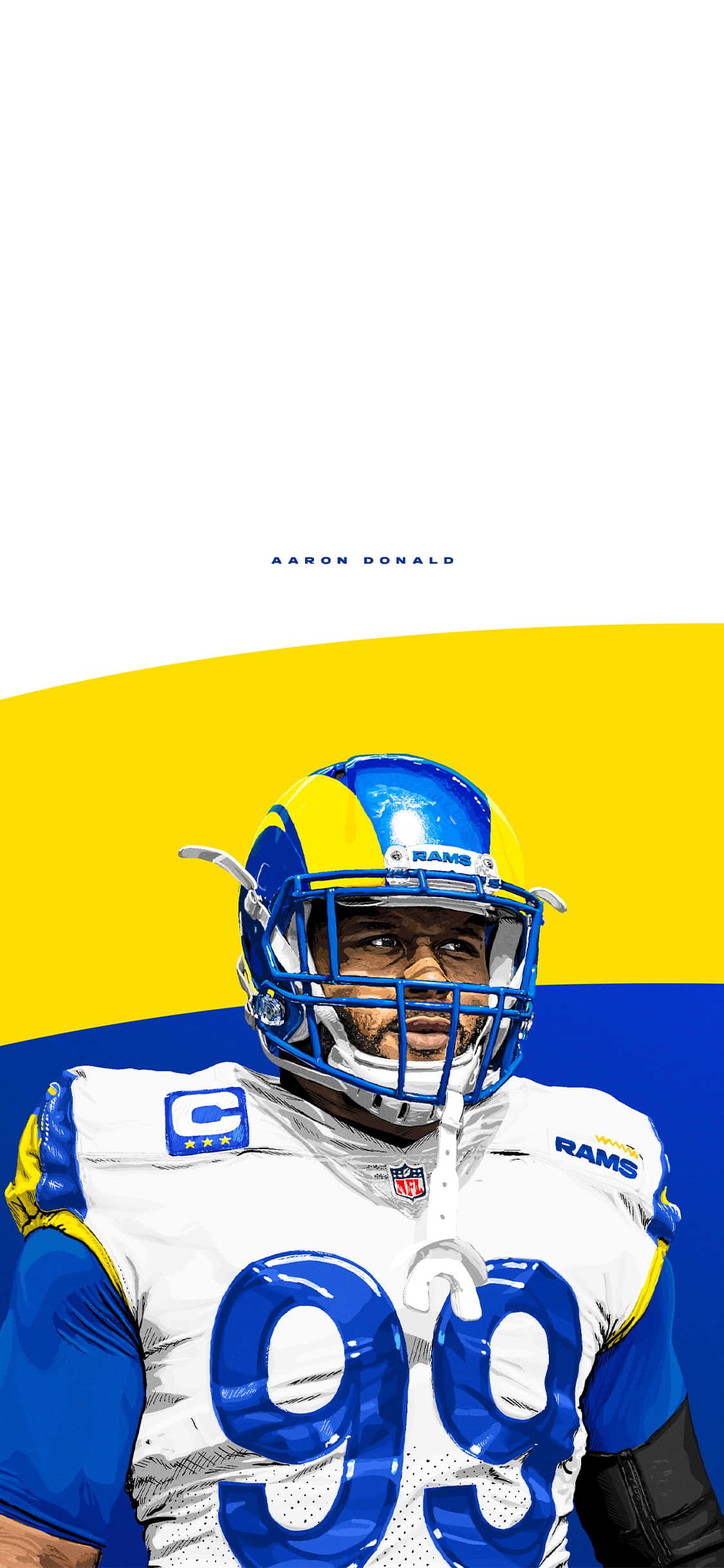 桌布 壁紙 — NFL 球員亞倫·唐納德身穿洛杉磯公羊隊制服，在鮮豔的黃藍色背景前的大膽圖形肖像。