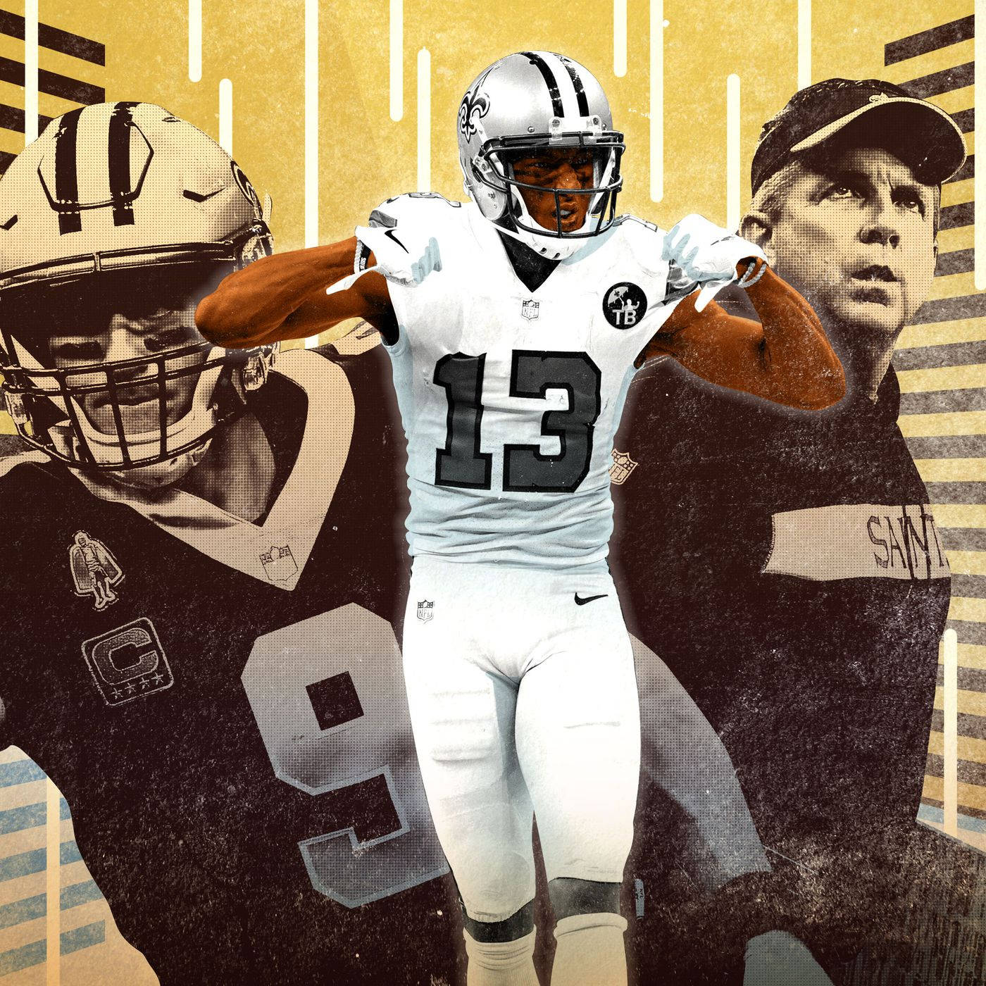 New 桌布 壁紙 — NFL 球員和教練的動態拼貼畫，採用大膽的黑色和金色，帶有粗糙紋理和戲劇性燈光。