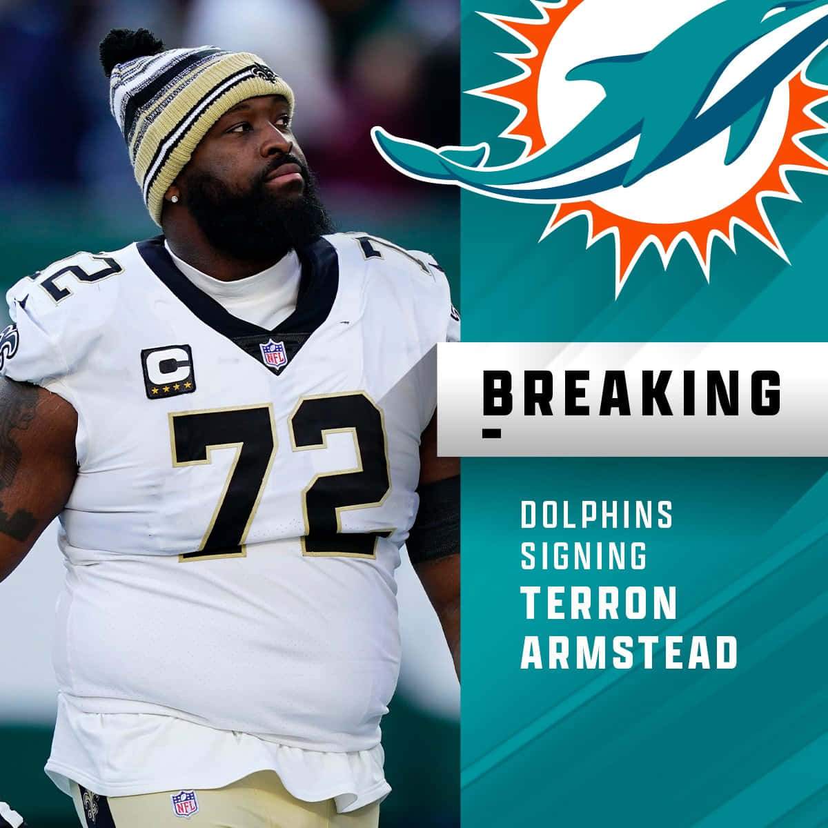 運動 桌布 壁紙 — NFL 球員泰隆·阿姆斯特德身穿紐奧良聖徒隊球衣，在邁阿密海豚隊突發新聞圖形旁表情嚴肅。