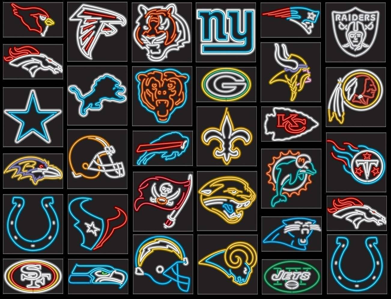 NFL 桌布 壁紙 — NFL 球隊標誌的鮮豔霓虹輪廓在深色背景上以網格佈局發光。