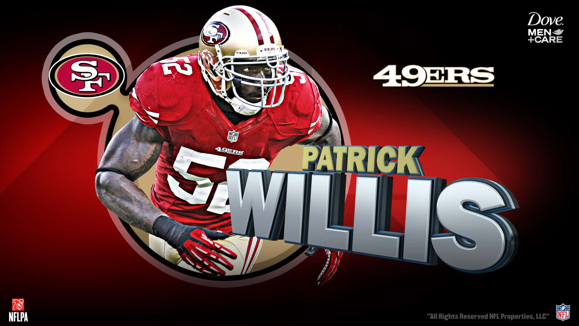 49ers 桌布 壁紙 — NFL 線衛 Patrick Willis 身穿舊金山49人隊球衣，在鮮紅色漸變背景下的動態數位肖像。