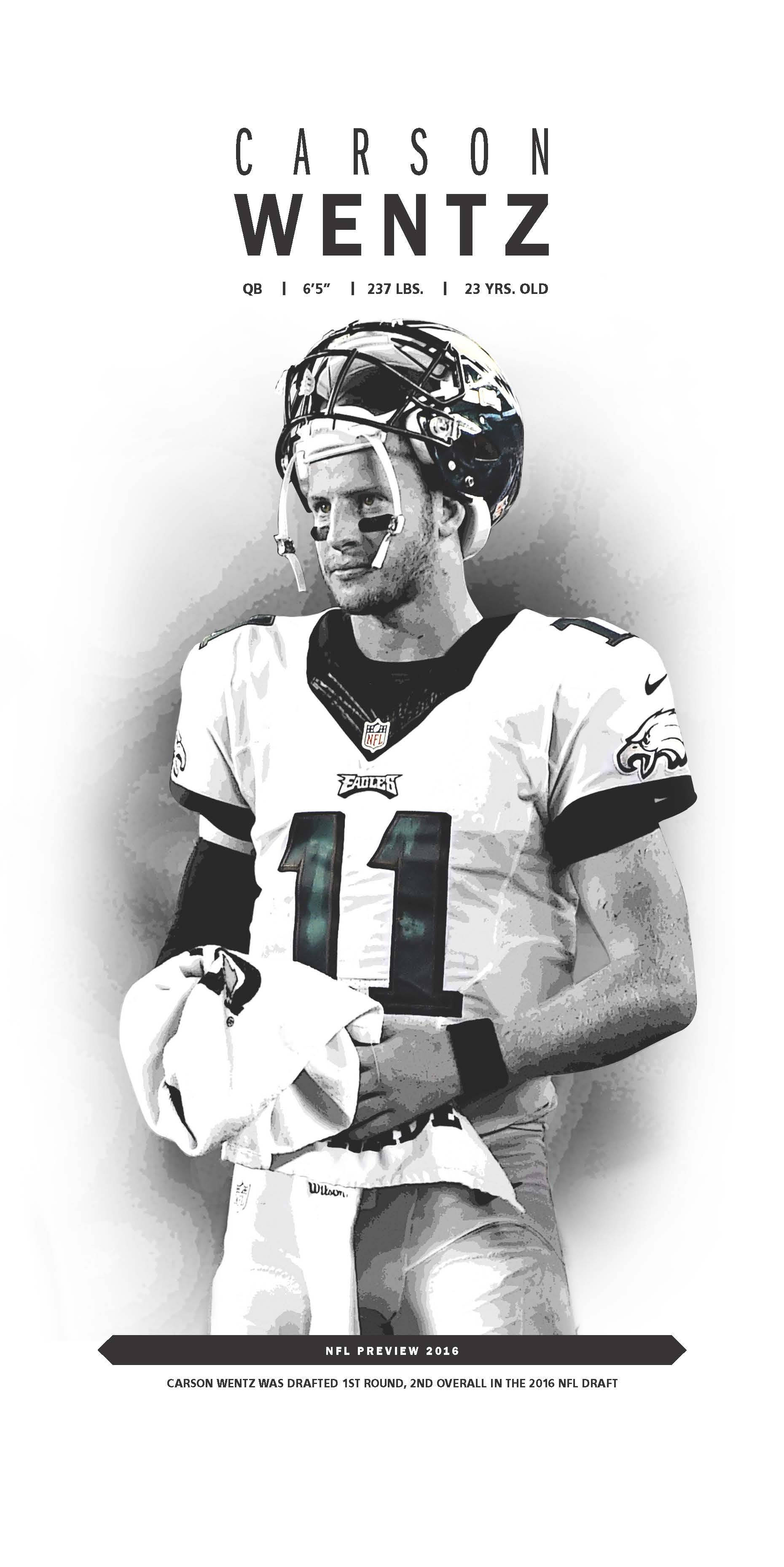 運動 桌布 壁紙 — NFL四分衛Carson Wentz身穿老鷹隊球衣，手持毛巾並帶有統計文字疊加的黑白肖像。