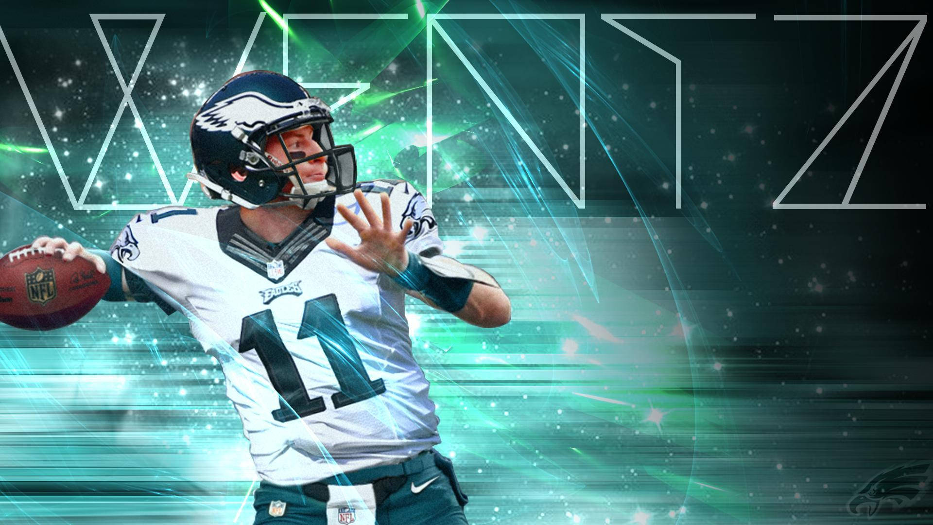 足球 桌布 壁紙 — NFL四分衛Jalen Hurts身穿老鷹隊球衣，在發光的綠色數位背景中做出投擲動作，他的名字以風格化字體呈現。