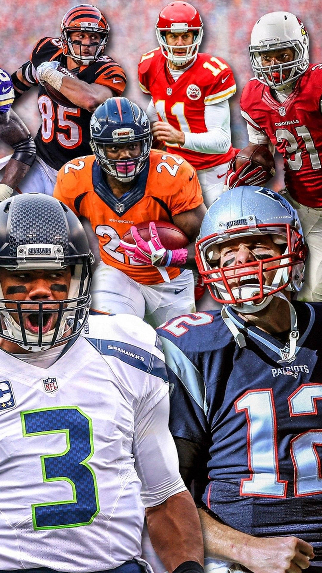 Cool NFL 桌布 壁紙 — NFL四分衛動態拼貼畫，身穿球隊球衣和頭盔的動作姿勢。