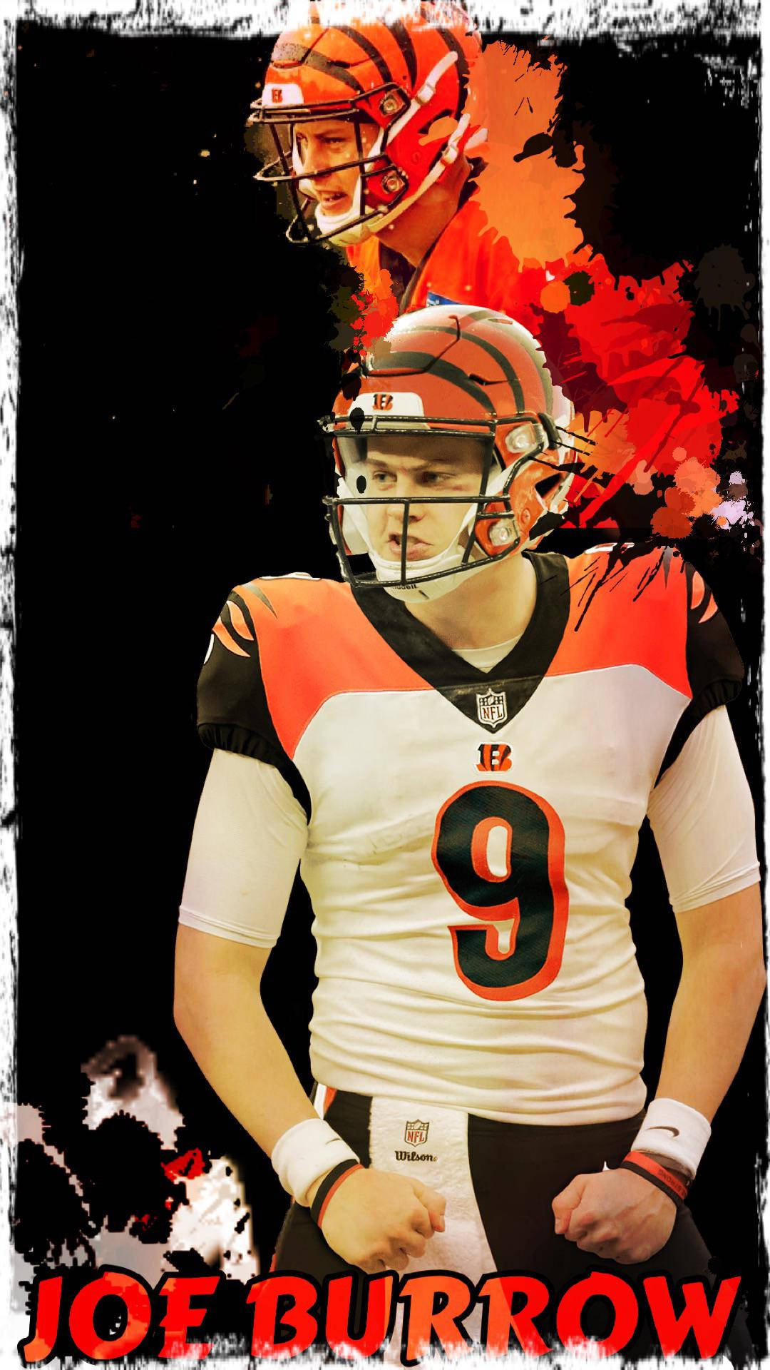 Joe Burrow 桌布 壁紙 — NFL四分衛喬·伯羅身穿辛辛那提猛虎隊球衣的動態數位藝術肖像，背景為火熱的橙色和黑色潑濺效果。