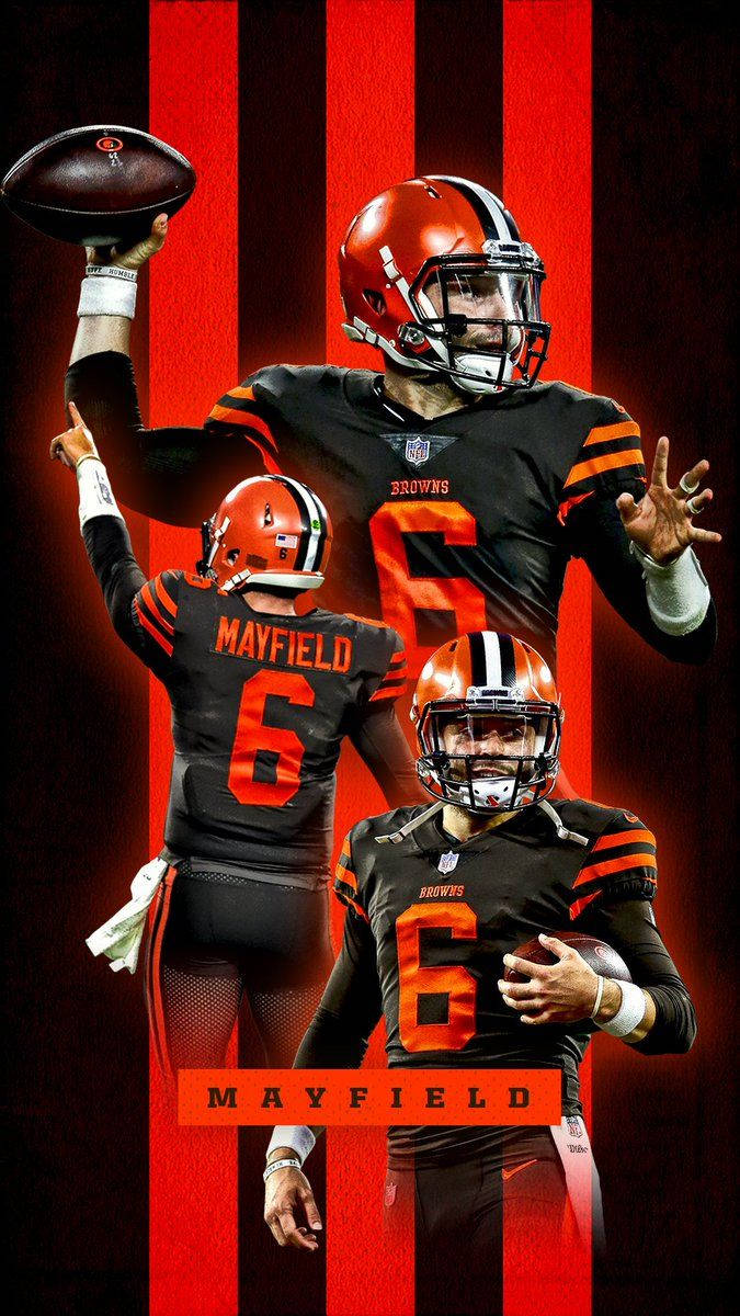 克里夫蘭布朗 桌布 壁紙 — NFL四分衛梅菲爾德穿著克里夫蘭布朗隊裝備的三個動態姿勢，背景為大膽的紅色條紋。