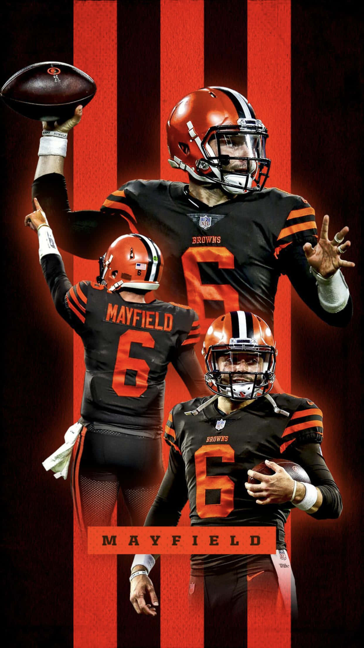 Baker Mayfield 桌布 壁紙 — NFL四分衛梅菲爾德身穿克里夫蘭布朗隊裝備的三個動態姿勢，背景為大膽的紅色和黑色垂直條紋。