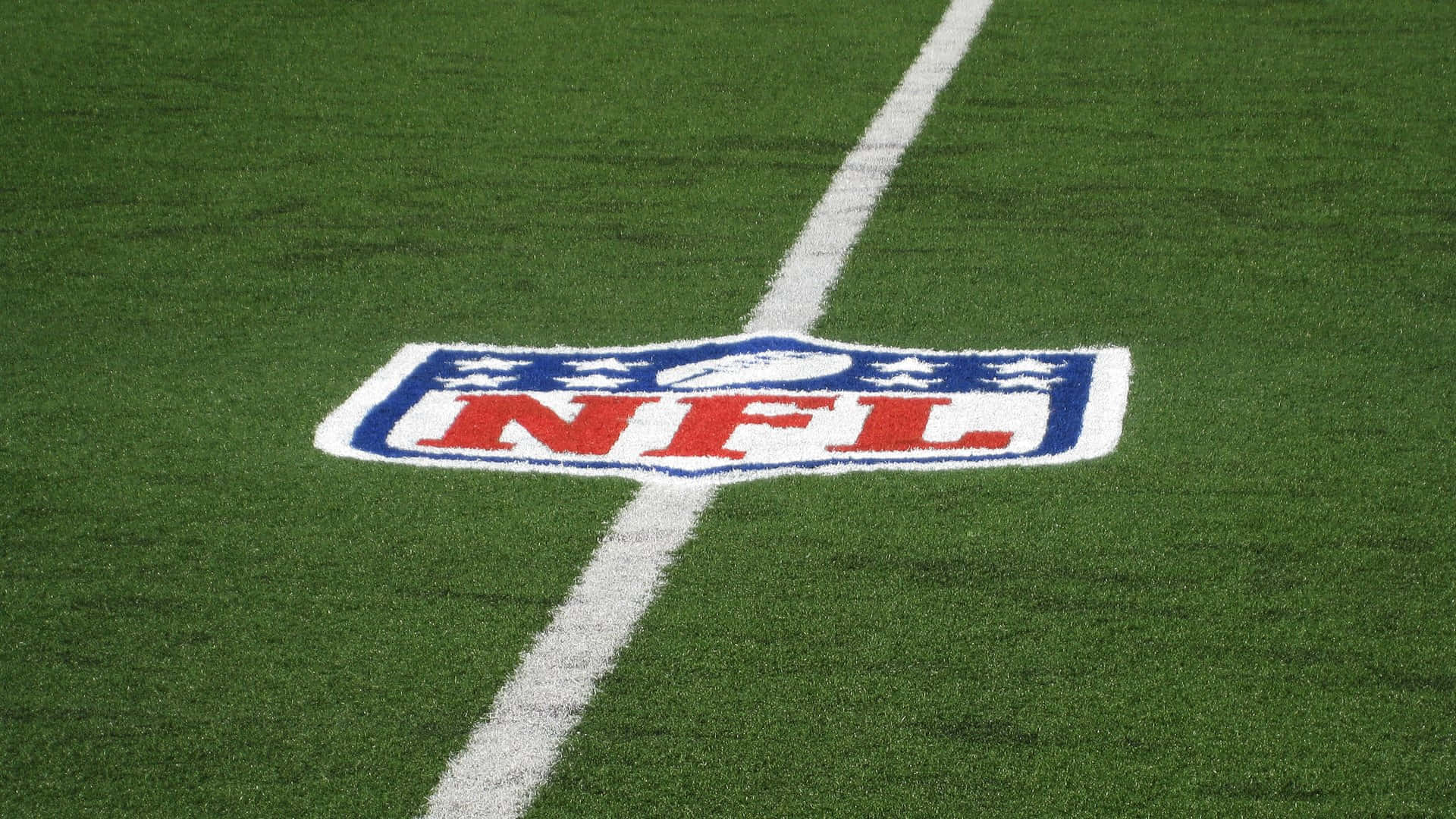 足球場 桌布 壁紙 — NFL標誌的特寫，繪在充滿活力的綠色草地上，被一條清晰的白色碼線穿過。