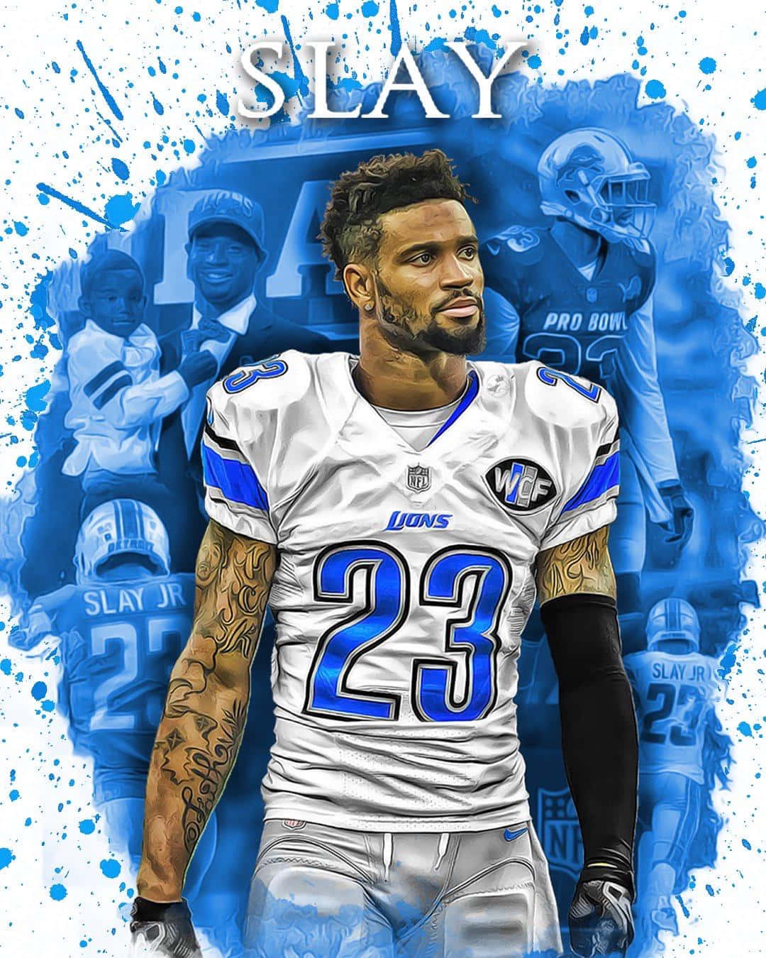 NFL球員Darius Slay身穿獅子隊球衣，家庭照片和藍色潑濺背景。 — 費城老鷹 壁紙