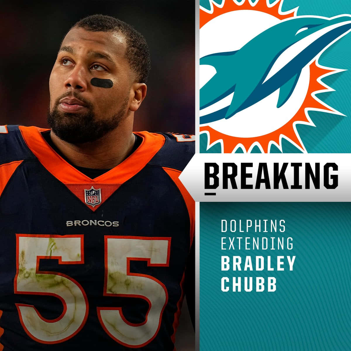 足球 桌布 壁紙 — NFL球員布拉德利·查布身穿野馬隊球衣，帶有邁阿密海豚隊標誌和突發新聞文字疊加。