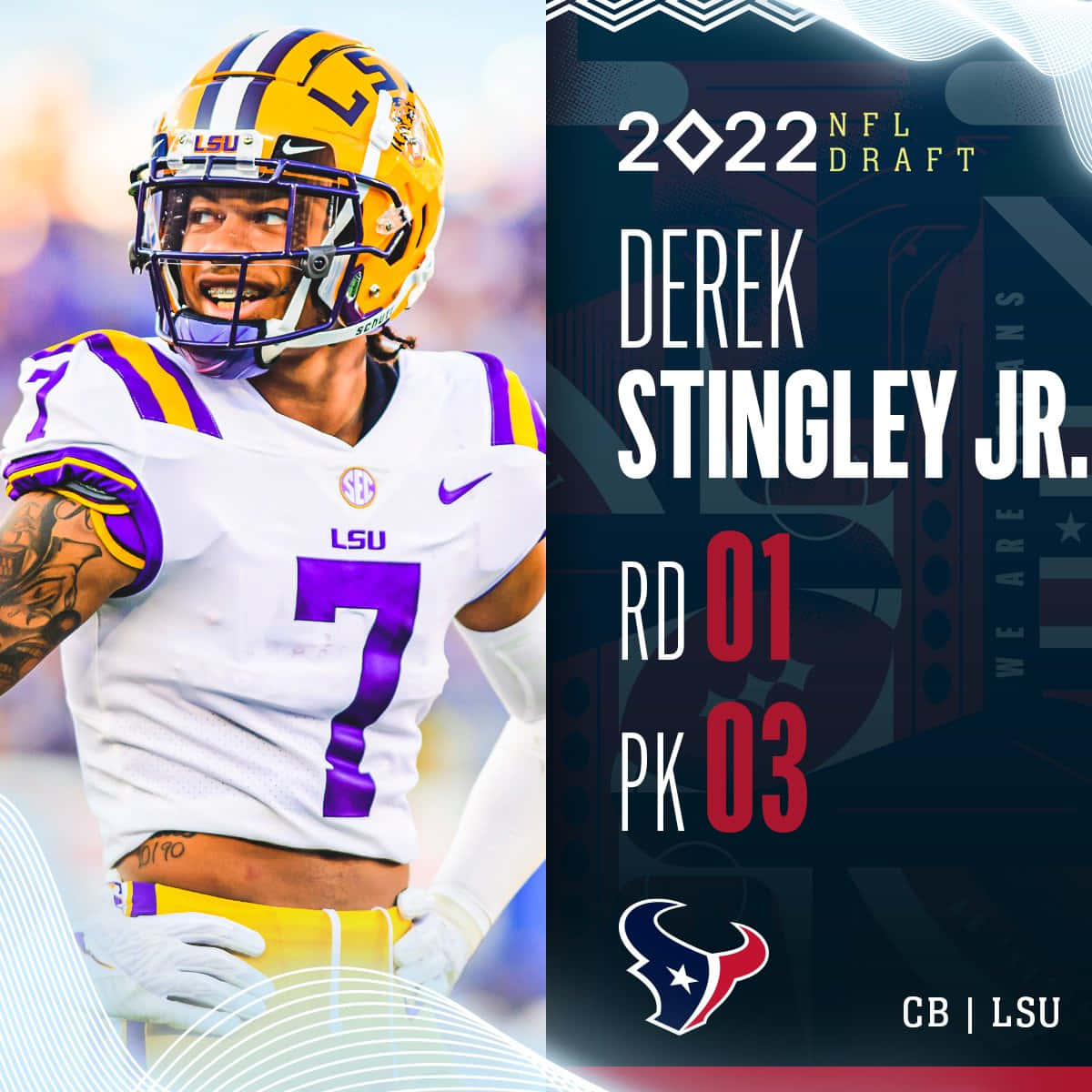 Lsu Tigers 桌布 壁紙 — NFL選秀圖像，顯示身穿LSU球衣的Derek Stingley Jr.慶祝2022年被休士頓德州人隊以第一輪選中。