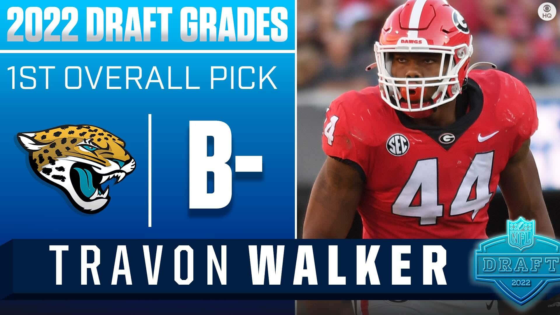 Travon Walker身穿紅色球衣，號碼44，傑克遜維爾美洲虎隊選秀評級B-圖表。 — 傑克遜維爾美洲虎 GIF 壁紙