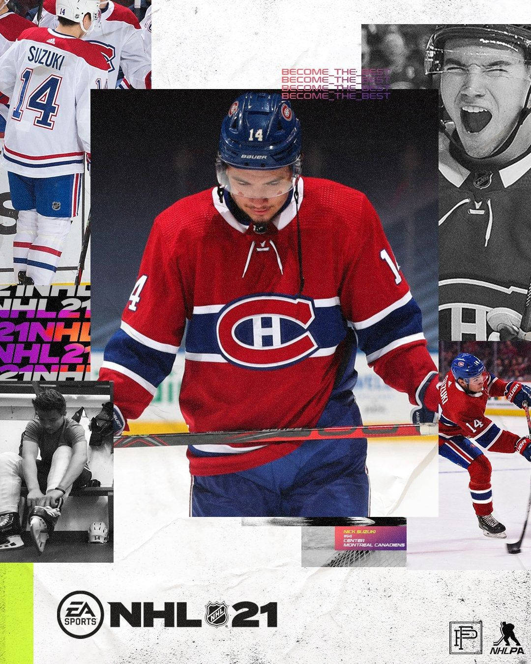 運動 桌布 壁紙 — NHL 21 冰球運動員鈴木身穿紅色蒙特婁加拿大人隊球衣的動態拼貼畫，包含動作鏡頭和勵志文字。