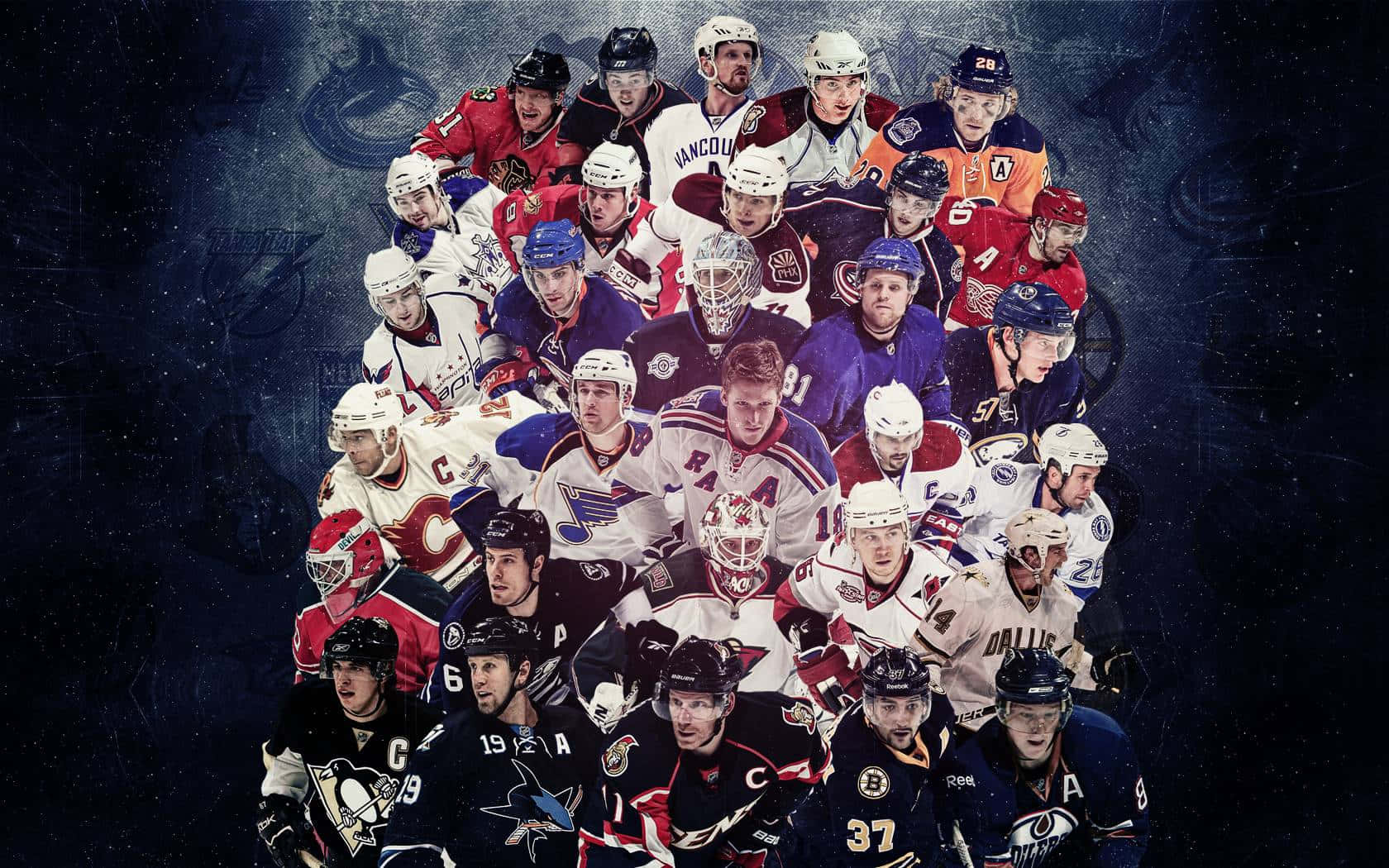 運動 桌布 壁紙 — NHL 冰球運動員穿著球隊球衣在黑暗星空背景下激烈擺姿勢的動態拼貼畫。
