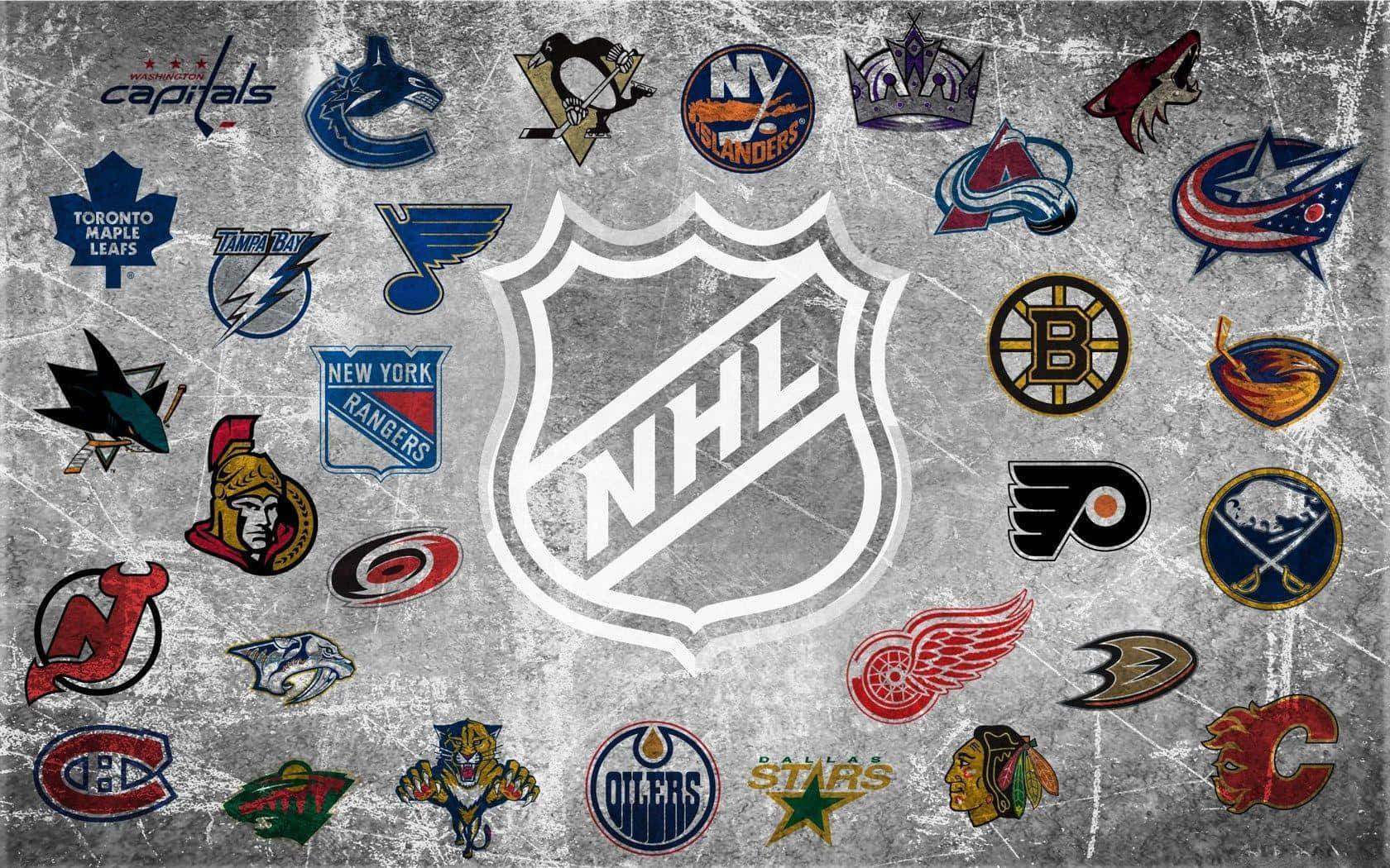 hockey 桌布 壁紙 — NHL 球隊標誌圍繞中央盾牌排列在風化的灰色混凝土背景上。
