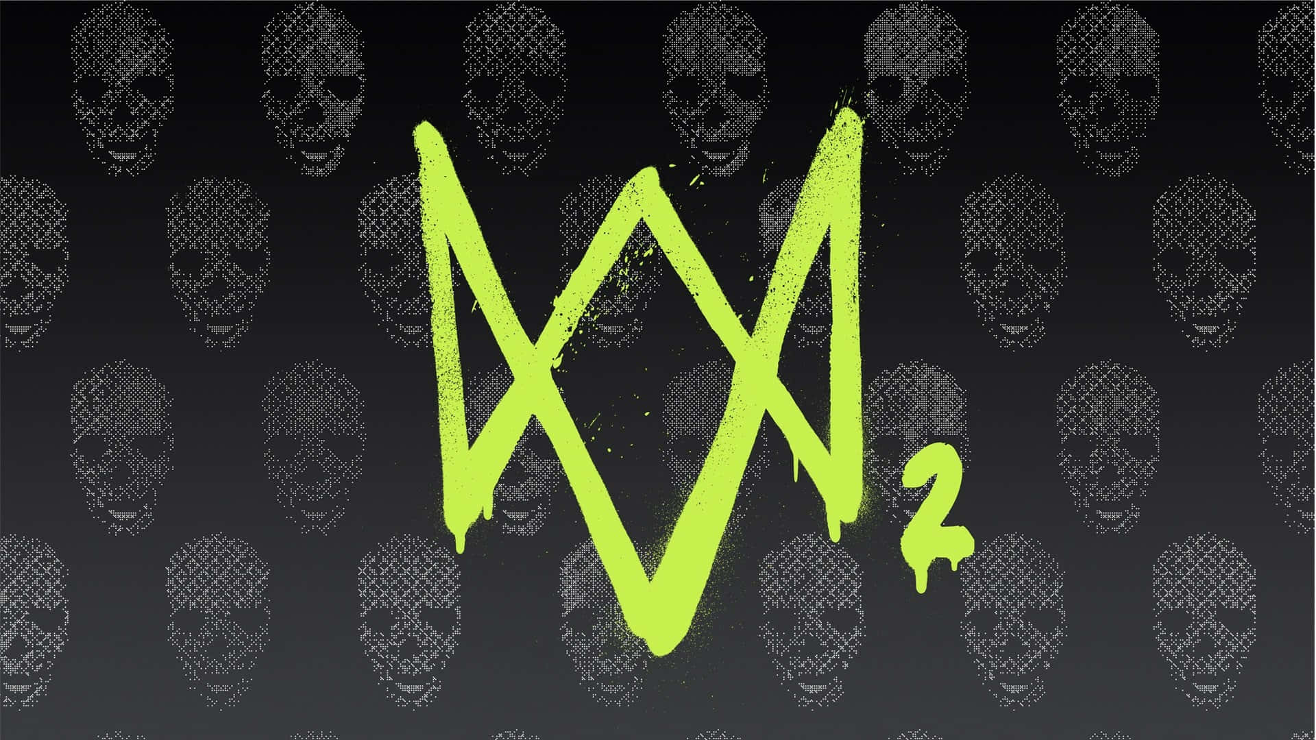  壁紙 — 一個霓虹綠色塗鴉風格的 'W2' 標誌在一個帶有像素化骷髏圖案的深色背景上滴落。