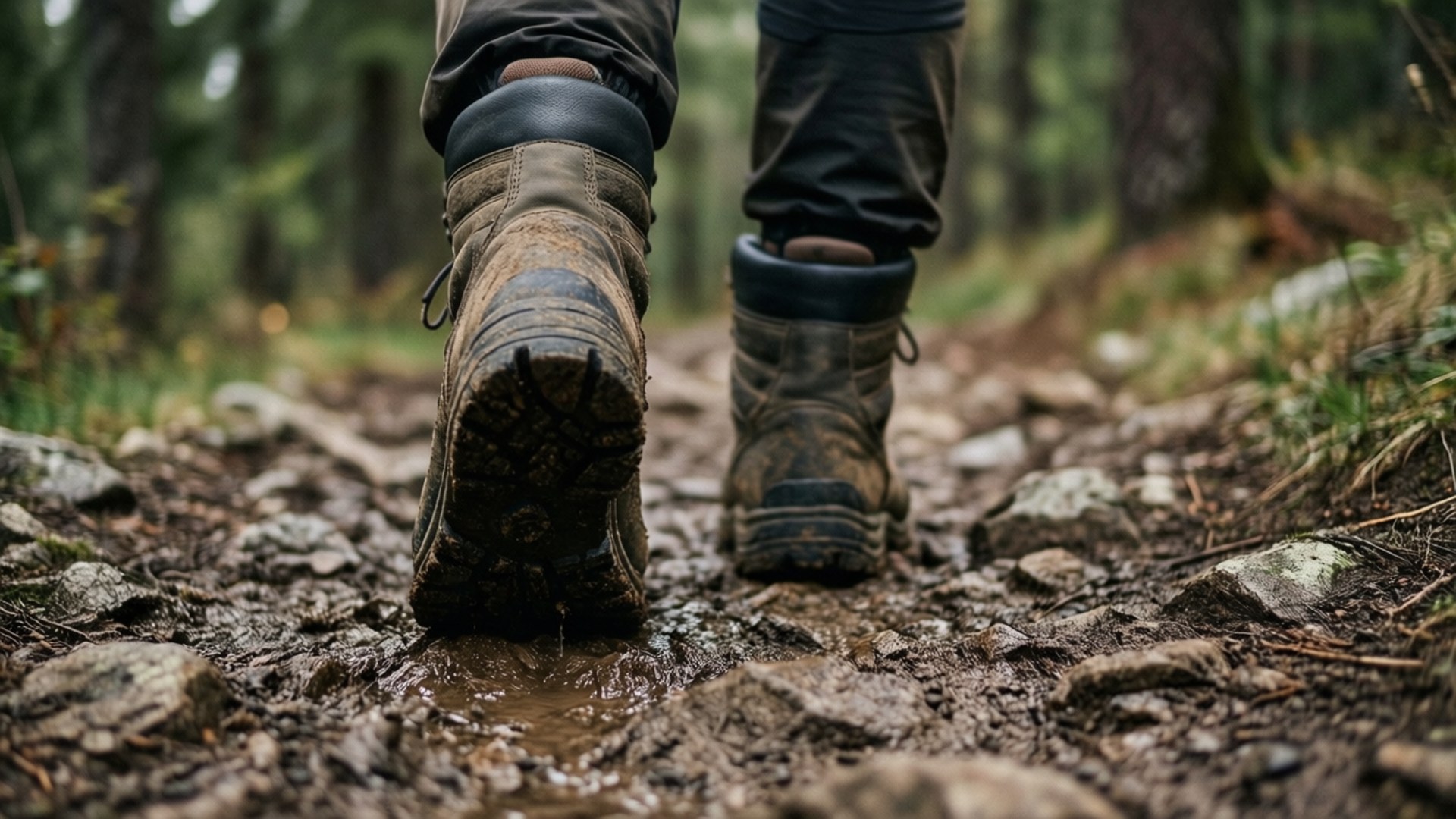 Boots on the Trail 壁紙 — 泥濘的登山靴踏過岩石森林小徑上的一個淺水坑，四周樹木環繞。