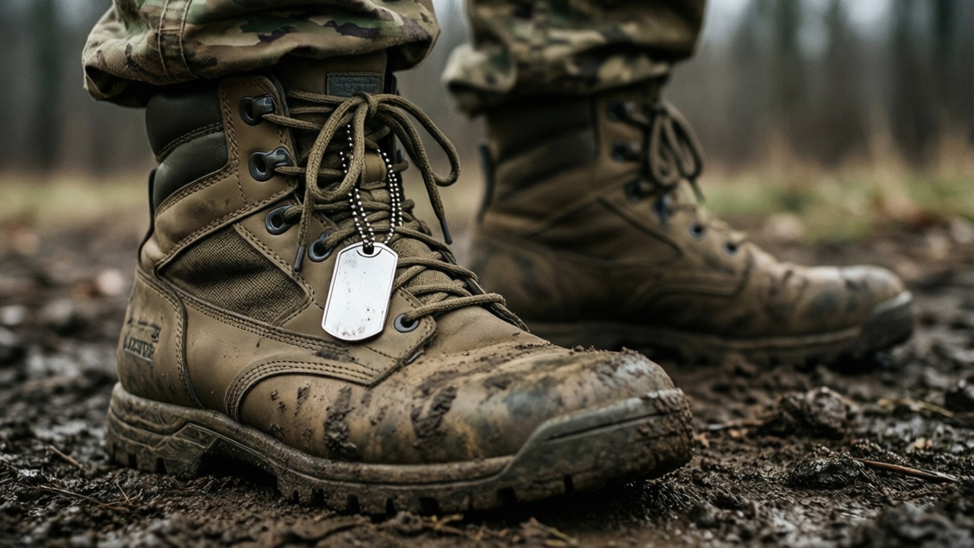 Boots on Ground 壁紙 — 泥濘的軍靴和狗牌在陰天之下穩穩地站在潮濕的森林土壤中。