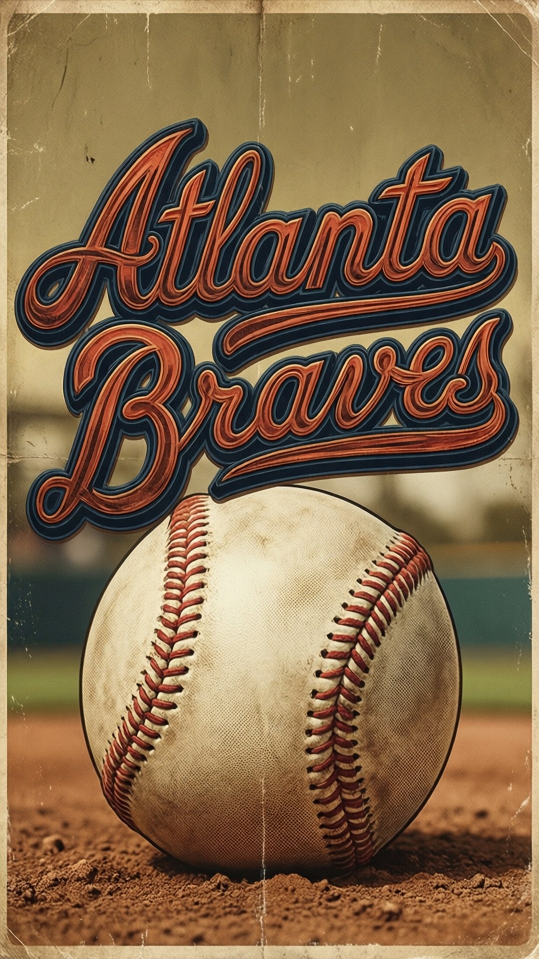 Vintage Braves Poster 壁紙 — 一張復古風格的海報，上面有一個磨損的棒球放在泥土上，並以粗體紅色和藍色字體寫上「Atlanta Braves」。