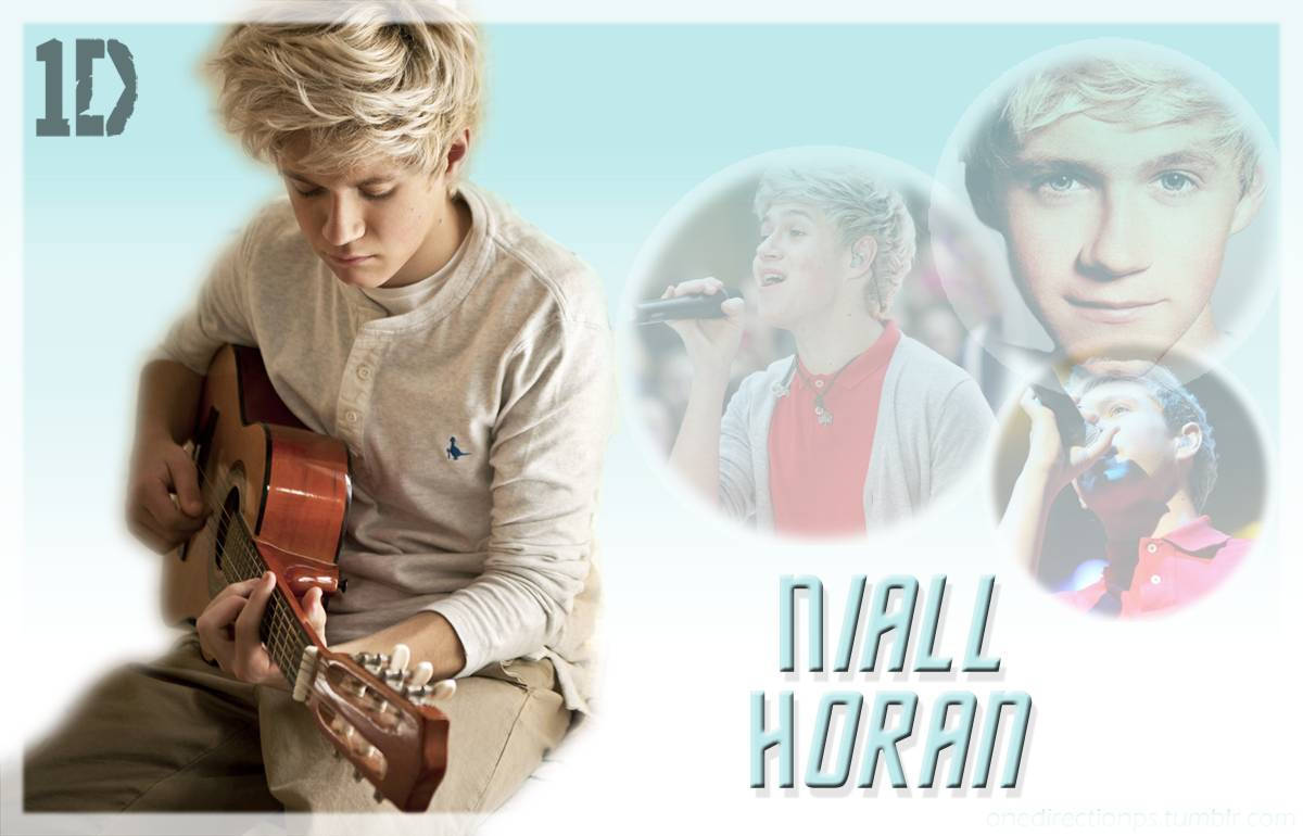 niall horan 桌布 壁紙 — Niall Horan 彈奏木吉他，三個圓形插圖顯示他在舞台上唱歌，背景為柔和藍色。