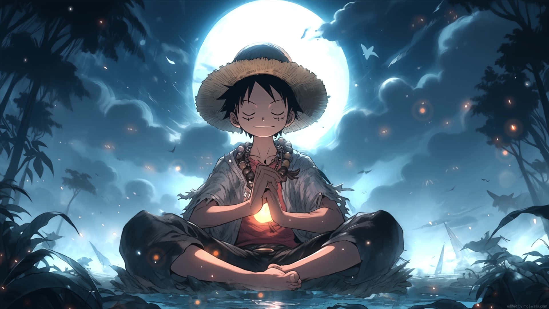  壁紙 — 一個年輕的動畫男孩在霧氣瀰漫的森林中，在發光的滿月下靜靜冥想，螢火蟲在他周圍飛舞。