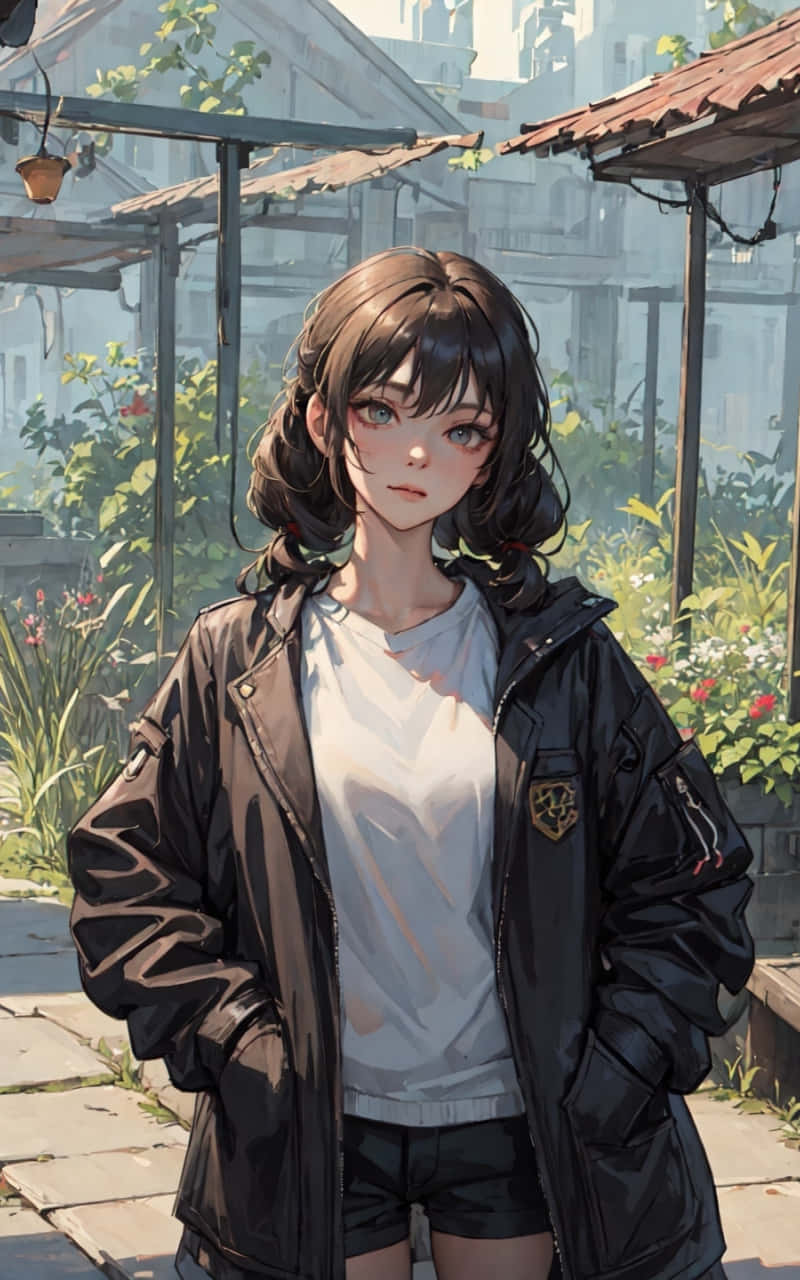  壁紙 — 一位年輕的動漫女孩，棕色頭髮和藍色眼睛，站在陽光普照的庭院中，周圍環繞著綠植和質樸的屋頂。