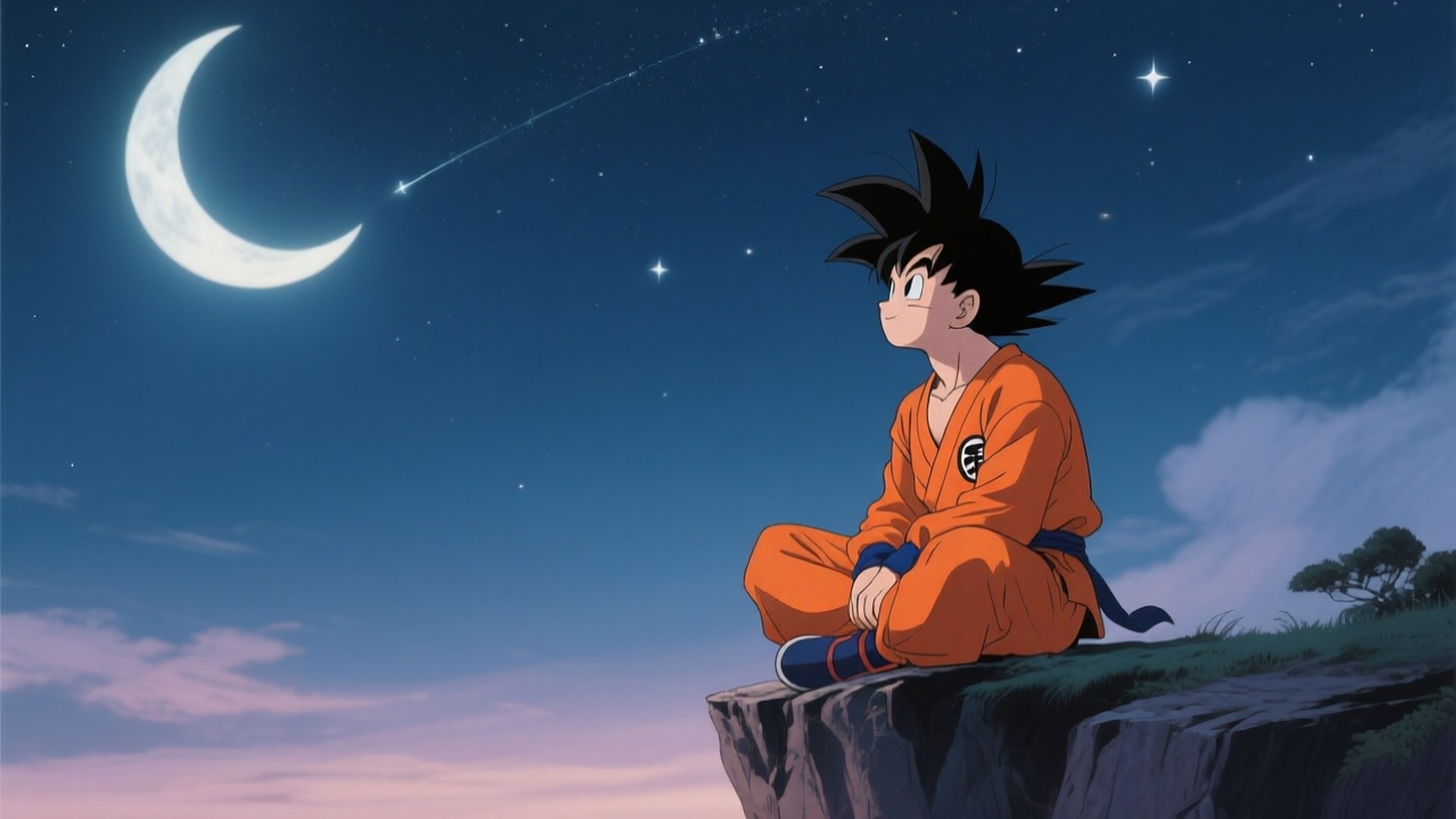 Stargazing Goten 壁紙 — 一個穿著橙色道服的年輕動漫男孩坐在懸崖邊，凝視著星空暮色中的新月和流星。