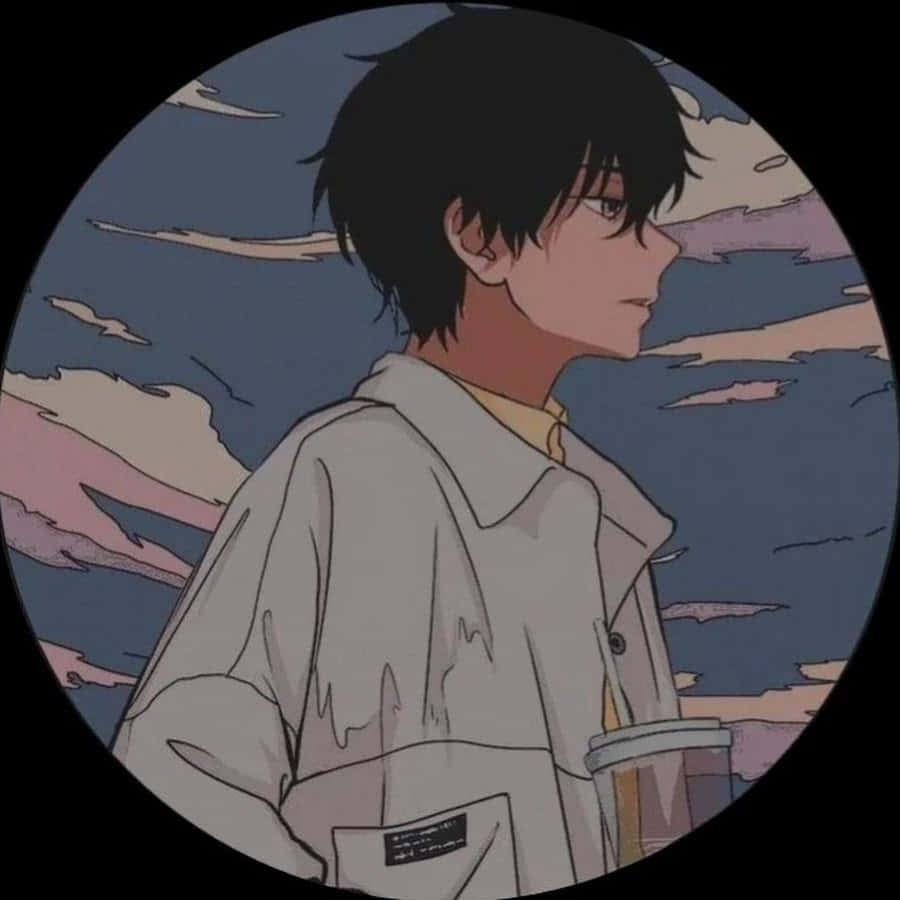  壁紙 — 一個穿著輕便外套的年輕動漫男孩，在柔和的粉紅色和藍色雲朵的圓形背景下若有所思地凝視著。
