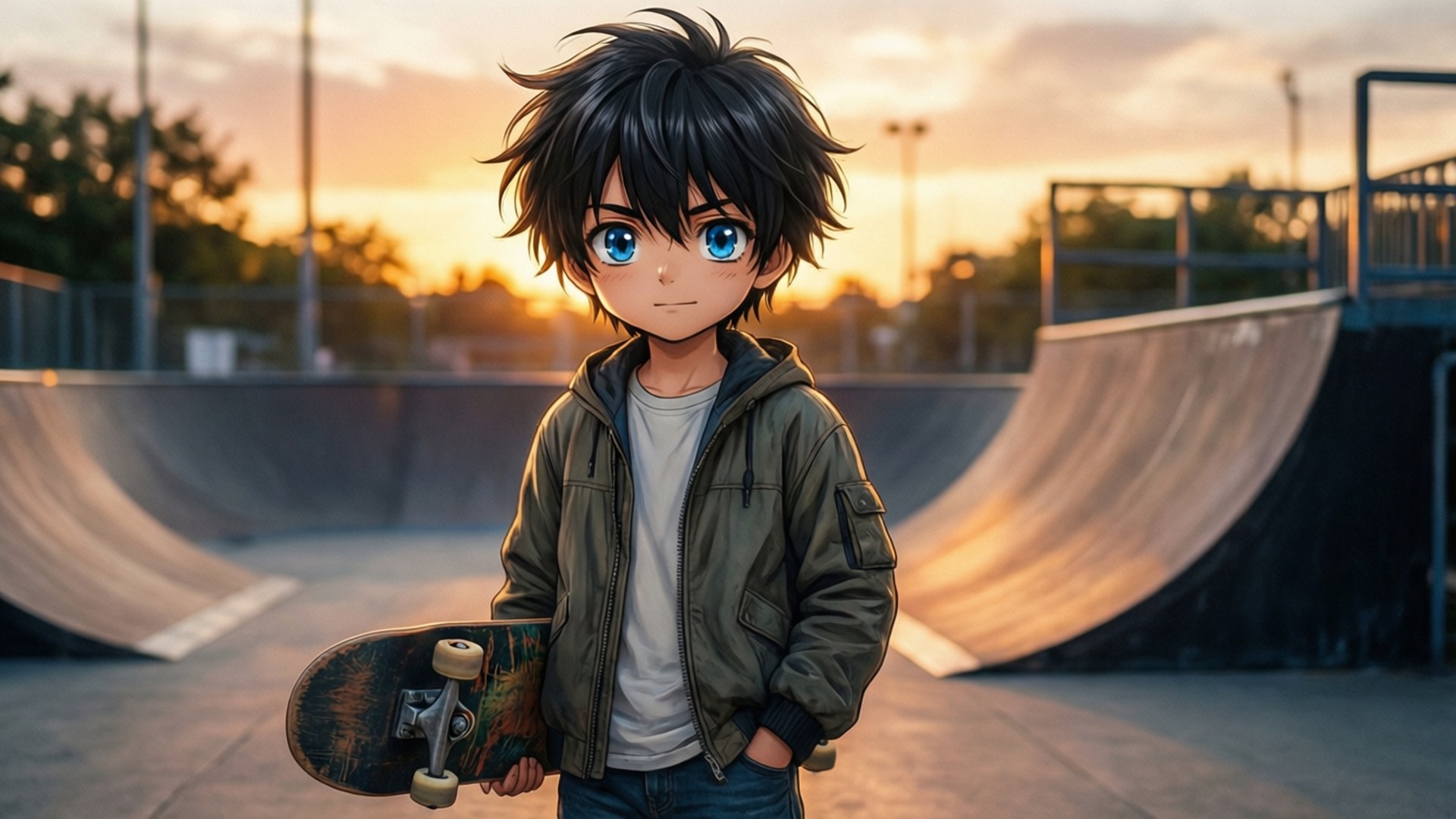 Skateboard Boy Sunset 壁紙 — 一個動漫風格的年輕男孩，有著刺蝟般的黑髮和明亮的藍眼睛，在日落時分的滑板公園裡拿著滑板。